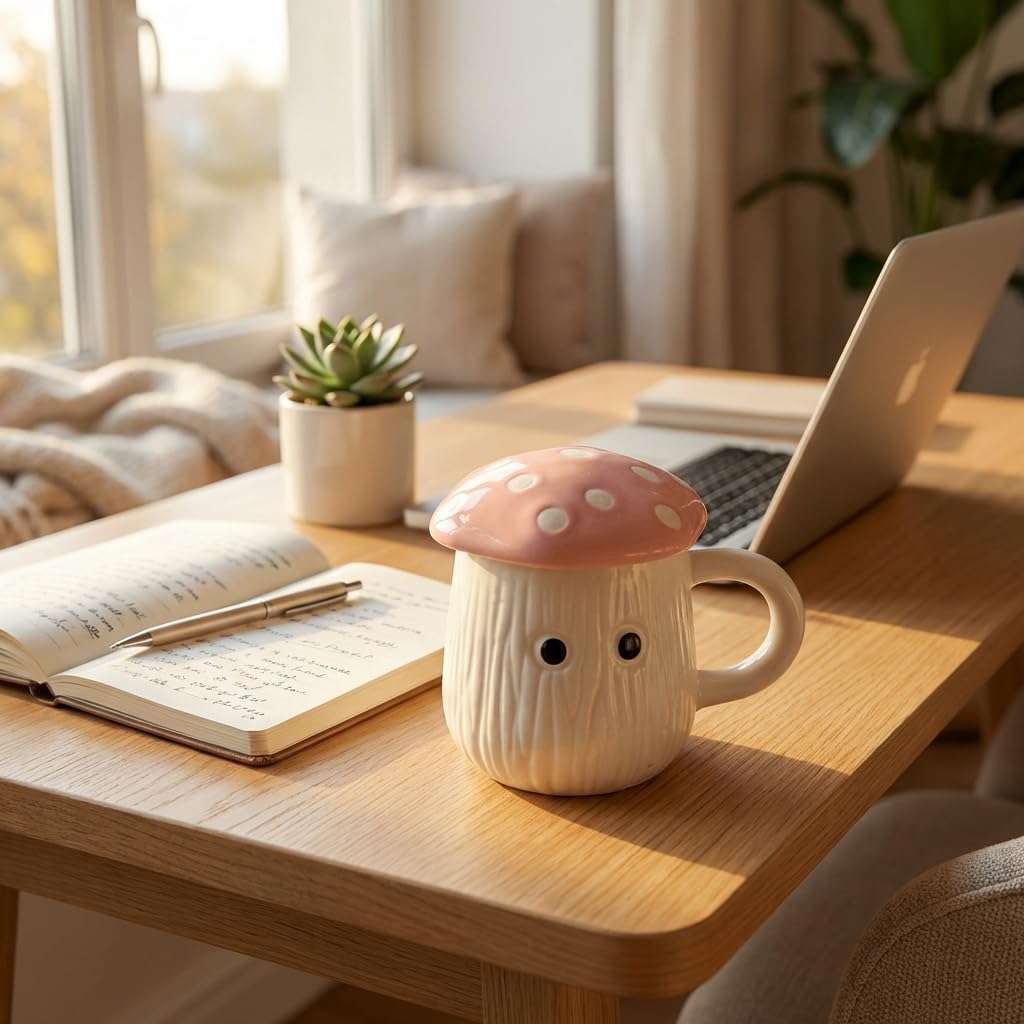 Kalaa By N Pink Mushroom Ceramic Mug with Lid 300ml | Handmade Coffee Tea Cup with Polka Dot Lid | Microwave Dishwasher Safe | Valentine Gift for Her Him | Home Decor Kitchen Dining India 6