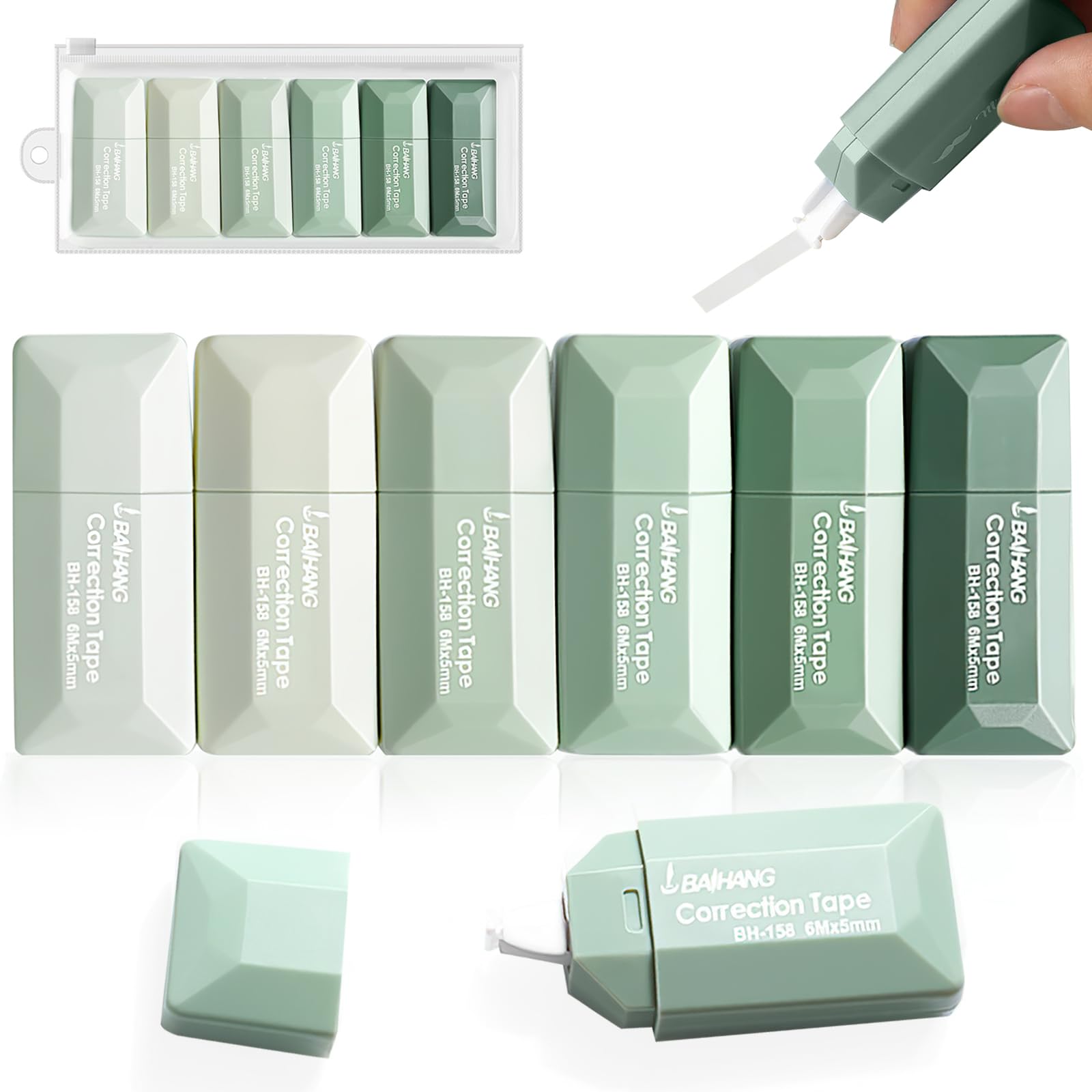 CoolShef 6 Pcs Mini Correction Tape Set – Cute Whitener Tape Refill Roll, Quick Dry Smooth Pull Correction Pen, Tape Whitener, Easy to Use for School Office Supplies (Green)