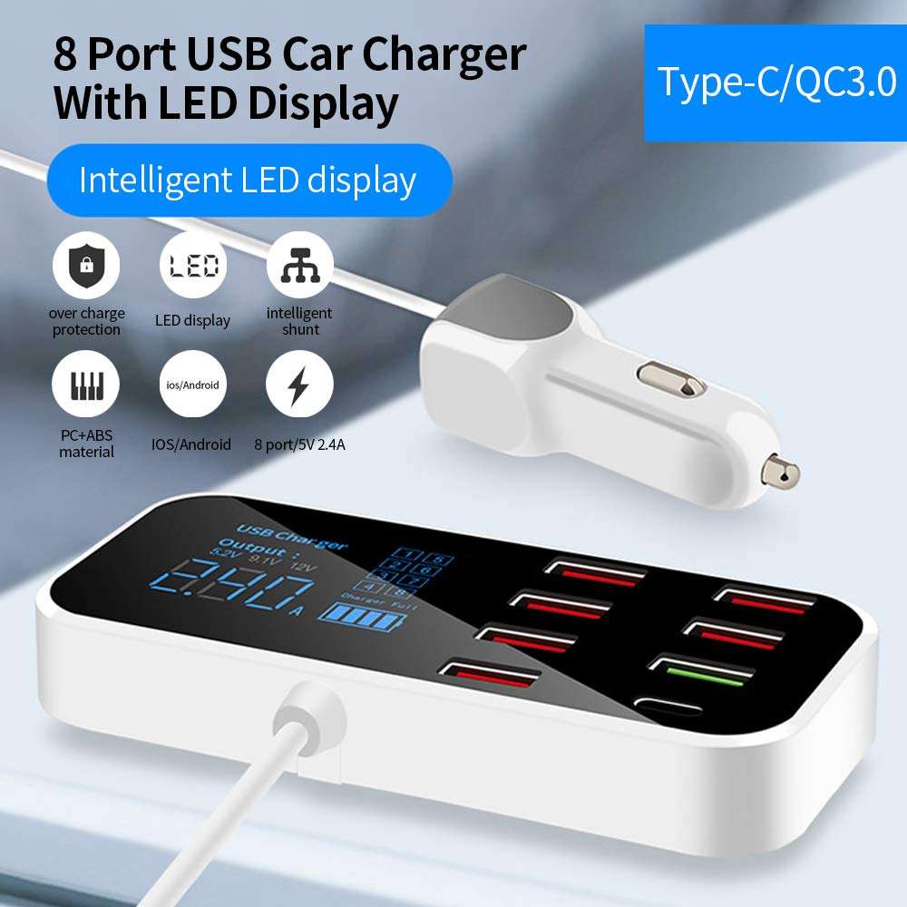 Decdeal A9S+ 8 Port Car Charger with LED Display Type-C QC3.0 Quick Charging Intelligent Portable Safe Vehicle Charger Station 3