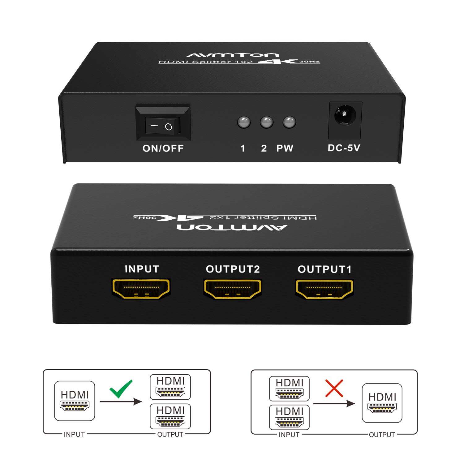 AVMTON 4K 𝐇𝐃𝐌𝐈 𝐒𝐩𝐥𝐢𝐭𝐭𝐞𝐫 𝟏 𝐢𝐧 𝟐 𝐨𝐮𝐭,𝐇𝐃𝐌𝐈 𝐒𝐩𝐥𝐢𝐭𝐭𝐞𝐫 Support Full HD 4K@30Hz 1080P 3D Full HD Splitter,1x2 HDMI Splitter 1 to 2 Monitors,for Xbox PS4 Fire Stick HDTV DVD 5