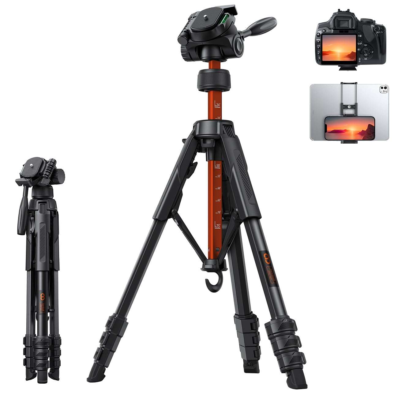Lamicall Camera Tripod - 17.6LBS Max Load Tripod for Camera with Rapid Leg Deployment Phone Tripods for Video Recording Photo Vlog, 67" Camera Stand with Phone Holder & Carry Bag for DSLR Orange