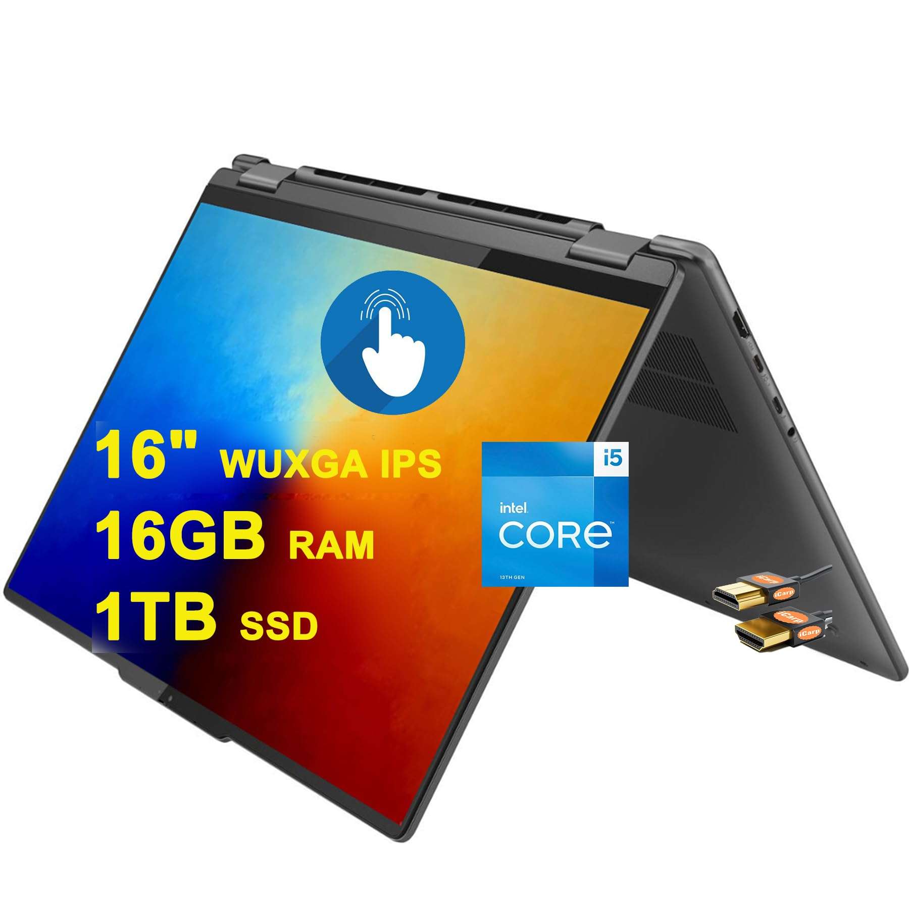 Lenovo Yoga 7i 16 2-in-1 Laptop 16" WUXGA IPS Touchscreen 13th Gen Intel 10-Core i5-1335U (Beats i7-1255u) 16GB RAM 1TB SSD Backlit Fingerprint Thunderbolt Long Battery Life Win11 Gray + HDMI Cable 1