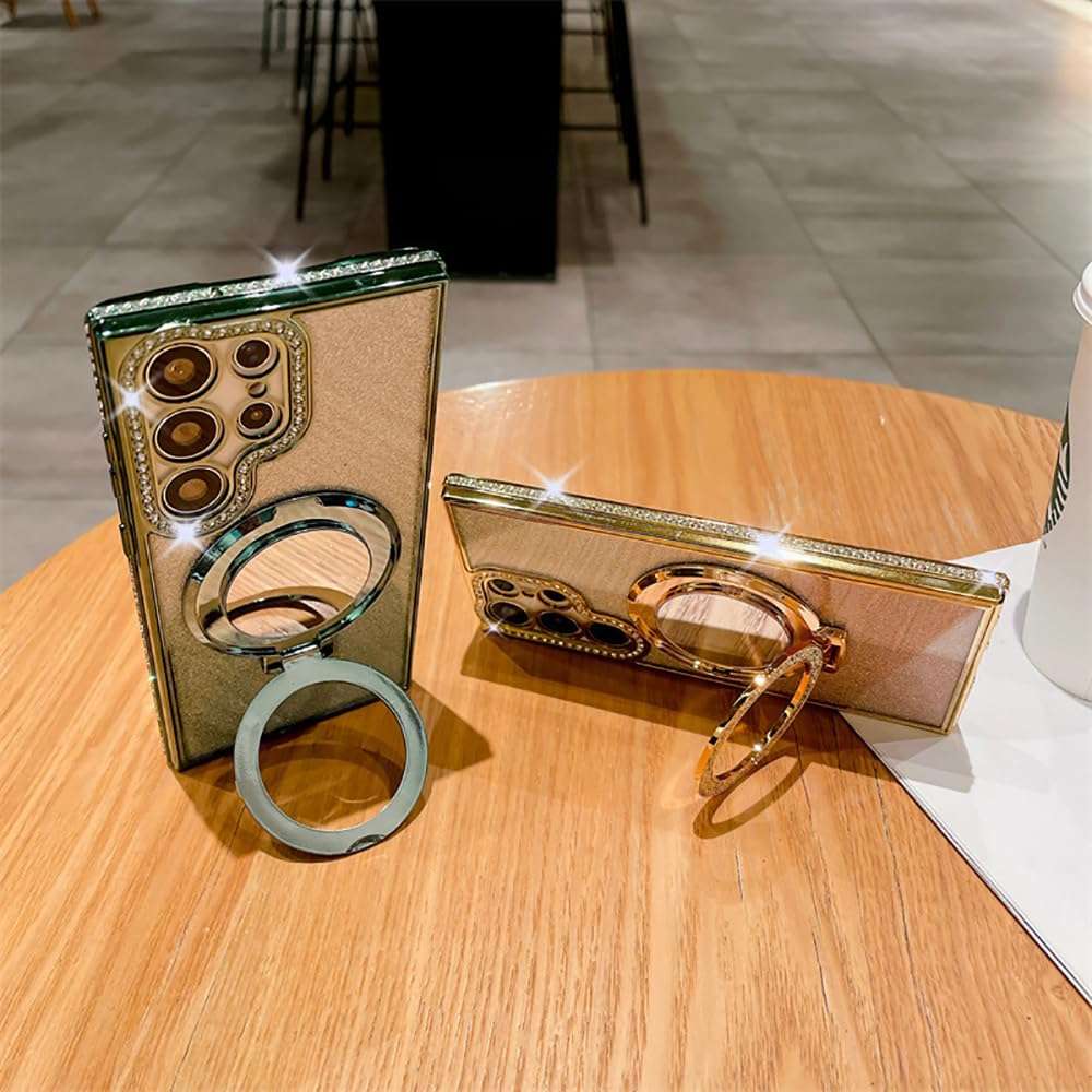 Transmitg for Samsung Glitter Rhinestones Magnetic Case with Kickstand & Cosmetic Mirror, Sparkly Diamond Gradient Phone Case with Bling Camera Lens Protector (Gold,for S24Ultra) 5