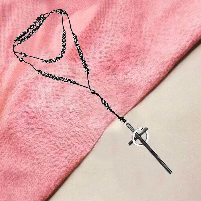 M Men Style Religious Lord Jesus Christ Long Ring Cross Black and Black Catholic Rosary Beads Car Rearview Mirror Charm Car Dangler Ornament, Accessories, Gift SCrMa2024275 6