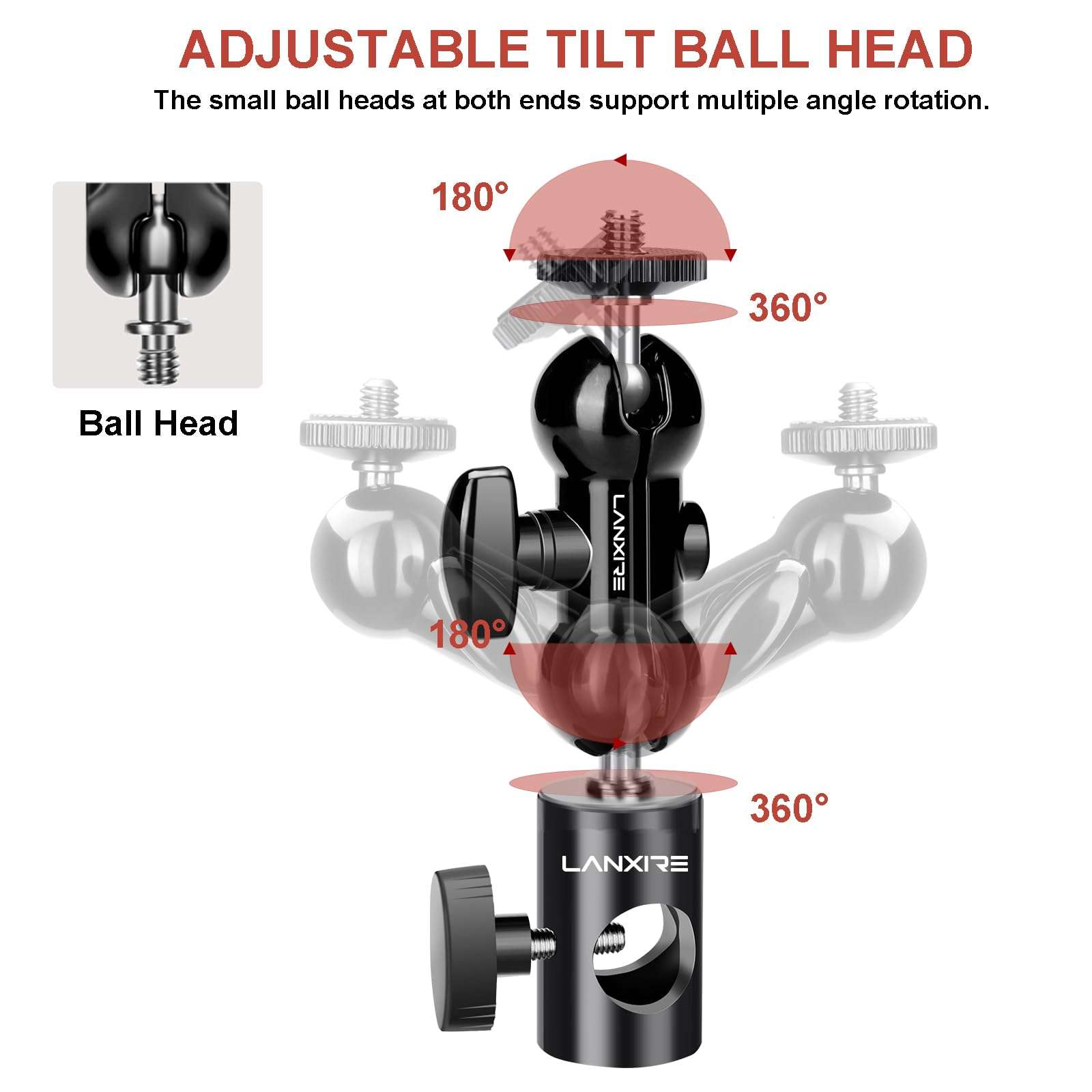 Lanxire Light Stand Mount Adapter (2 Packs) with Double Ball Head - Compatible with Ring Light - Fits Flat Head Light Stand - Max Load 4.4lb/2kg - 1/4" Screw Cool Ball Head 4