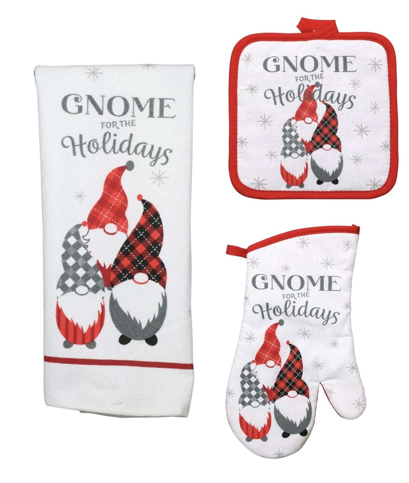 CABE Christmas Kitchen Gnome for The Holidays Towel Set 4pc 2 Pot Holders 1 Towel 1 Mitt Accessories Holiday Decor Red White Gray 1