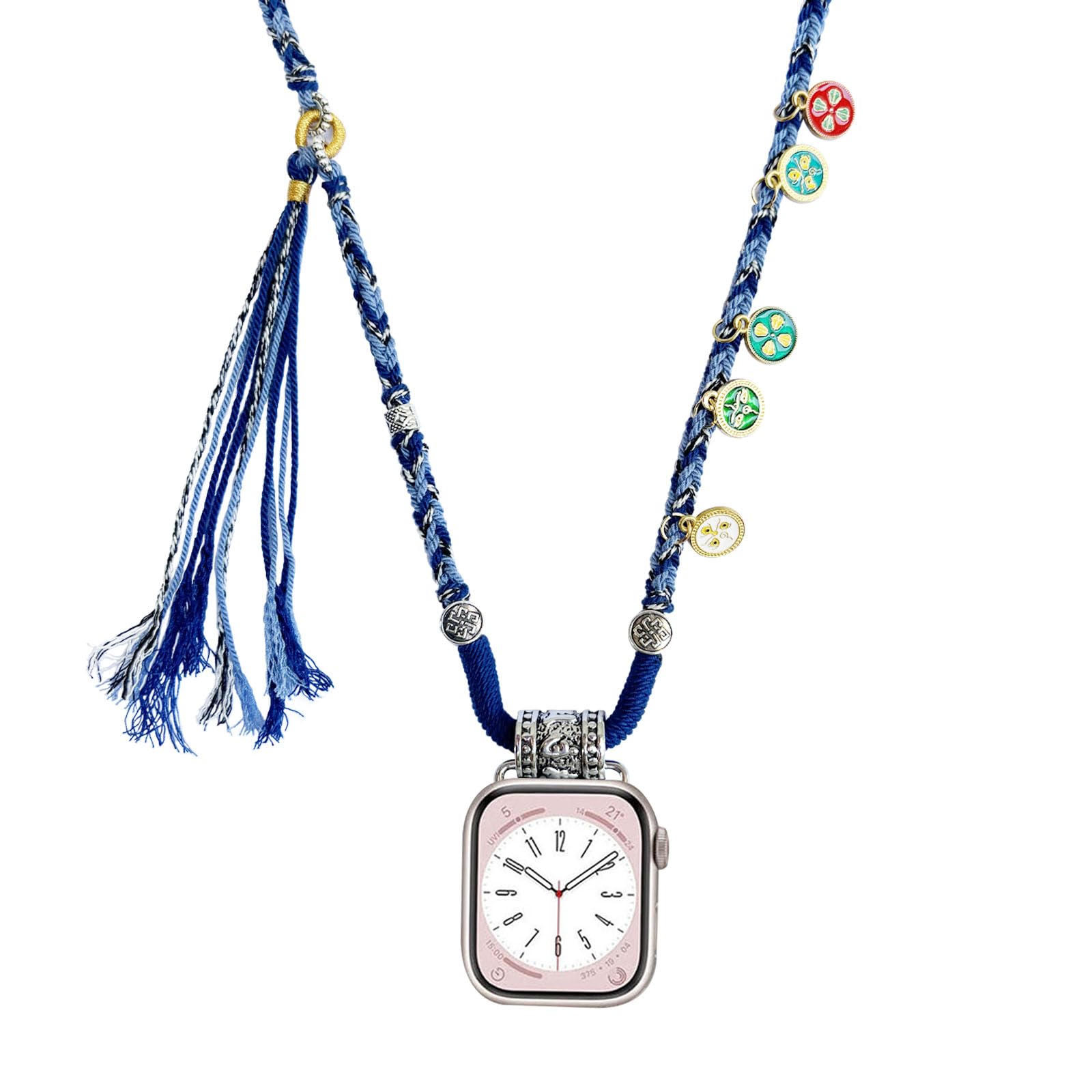 HMLXSH Necklace Adapter Pendant Compatible with Apple Watch, Hand-Woven Lanyard Connector Wristband, Blue Tether IWatch Series 8/7/6/5/4/SE/9 (38 40 41mm)