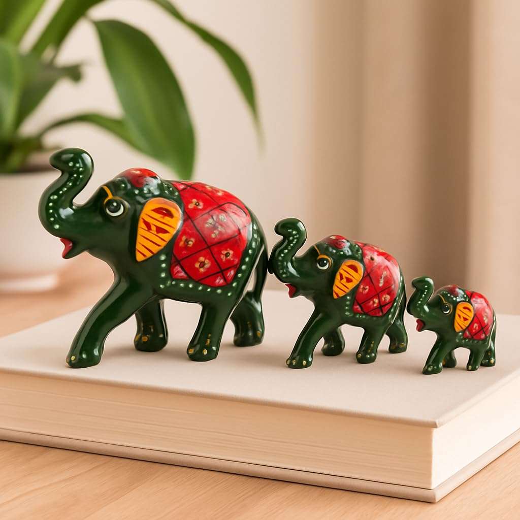 DreamKraft Paper Mache Elephant Showpiece, Standard, Green, 3 Piece, Home Decor, Cultural, Traditional, Festive 4
