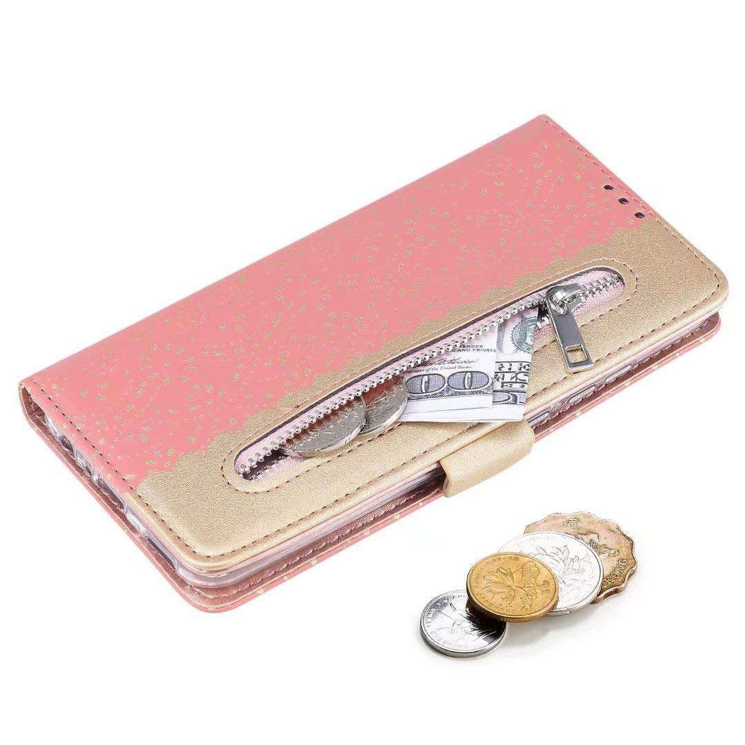 ZCDAYE Zipper Wallet Case for Galaxy A21S,Fabulous Glossy Pattern Magnetic Closure PU Leather [Bowknot Lanyard][Kickstand][Card Slots] Soft TPU Book Case Cover for Samsung Galaxy A21S-Rose Gold 6