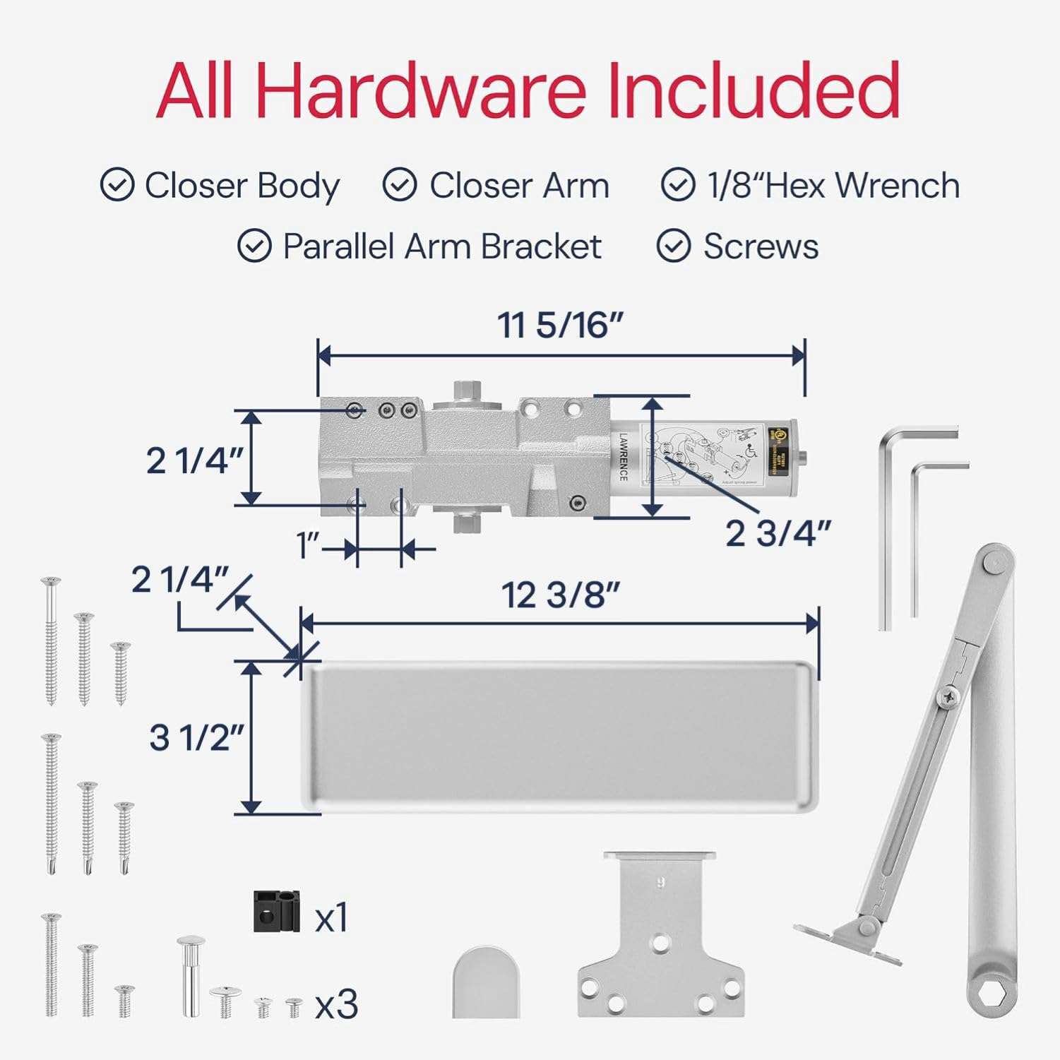 Lawrence Extra Heavy Duty Door Closer Commercial Grade 1 - Adjustable 6-Speed Delayed-Action Door Control with 3 Pistons – Flexible Installation with Included Hardware - Embassy Series LH8016 6