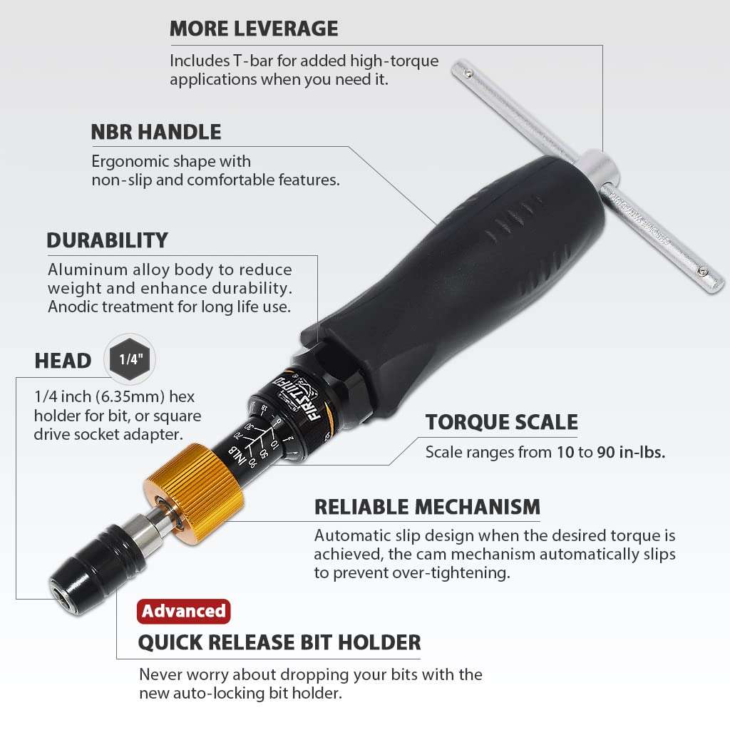 FIRSTINFO H5188 Precision Certified Limited Torque Screwdriver with 1/4 Inch Universal Hex Bit Holder Quick Release Design, 10-90 in-lbs with Extra T-Handle 3