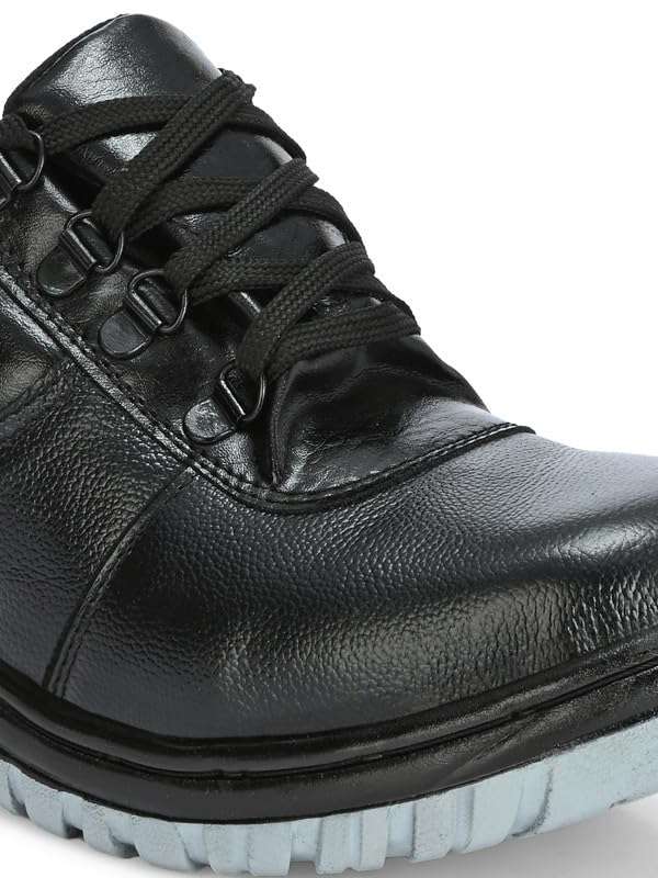 JK Steel Men's Black Genuine Leather Safety Shoes Comfortable Fit Slip Resistant Sole Shoes for Men (Size:-8) 5