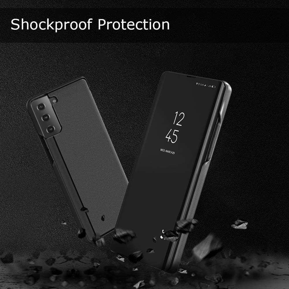 Galaxy S21+ Plus Case, Translucent View Window Mirror Makeup Electroplate Plating Stand Full Body Protective Flip Folio Cover for Samsung Galaxy S21+ Plus, Black 6