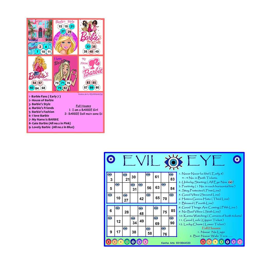 Kanha Arts Evil Eye Theme Tambola Ticket & Barbie Themetambola Tickets Durable Hard Card Sheet Material for Interactive Learning & Play 1
