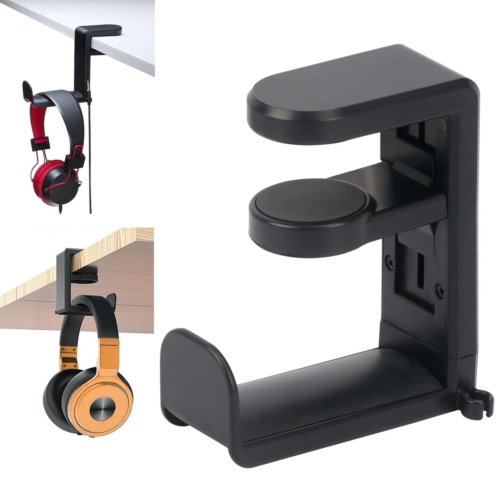 Songaa Headphone Stand - 360 Degree Rotation Headset Hanger Holder with Cable Organizer Clip Black, Black Adjustable Gaming Headphone Hook Under Desk Mount Headset Clamp