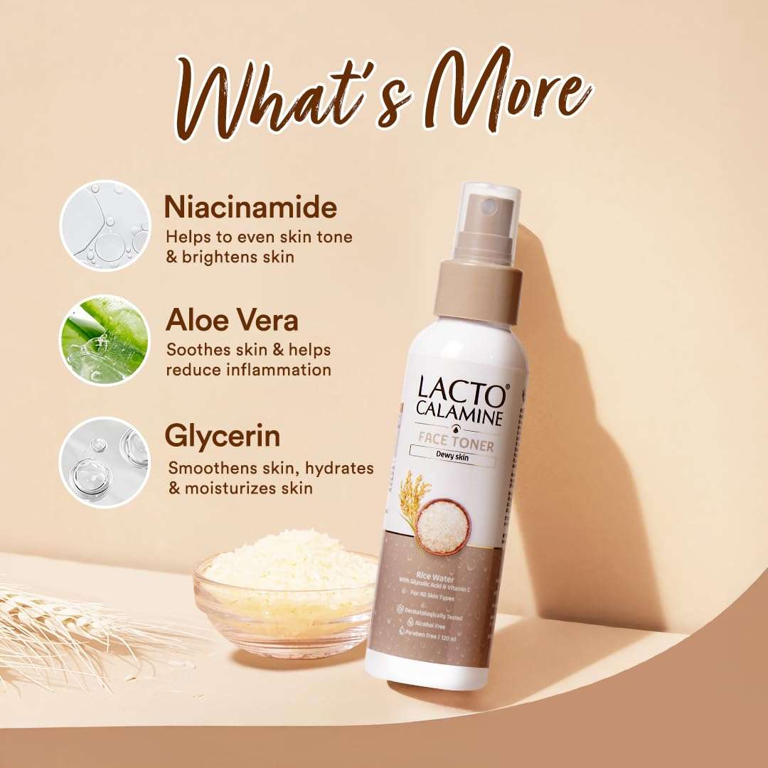 Lacto Calamine Rice Toner | 120ml | Rice Water Toner Korean Skincare for Glass Skin with Vitamin C, Glycolic Acid, Niacinamide | Face Toner for All Skin Types | Dermatologically Tested | Alcohol free 6