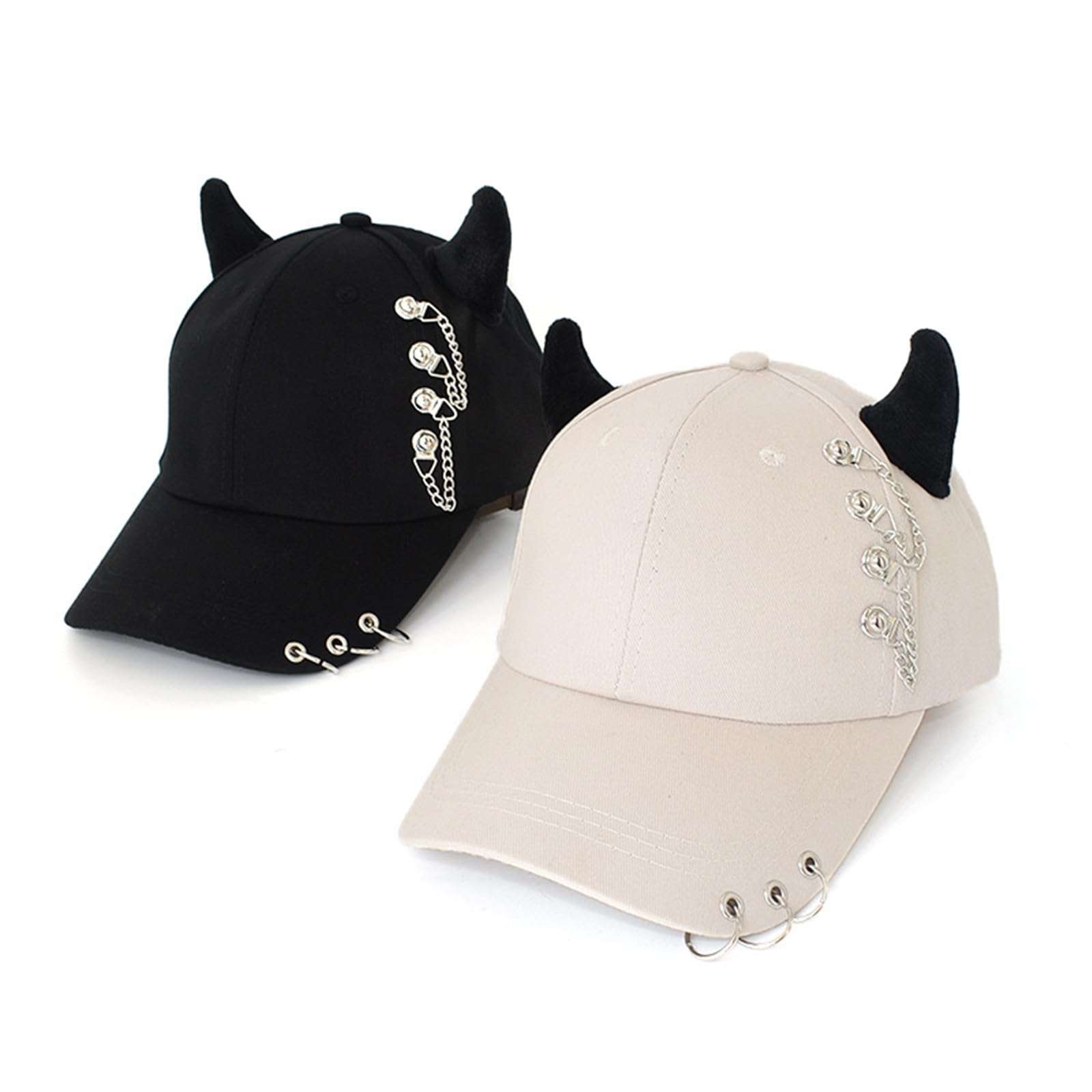 jojnsha Stylish Black Chain Cotton Baseball Caps with Metal Iron Rings Adjustable Strap Breathable Unisex Hip Hop Caps Hat, Beige, 20*15*2cm 4