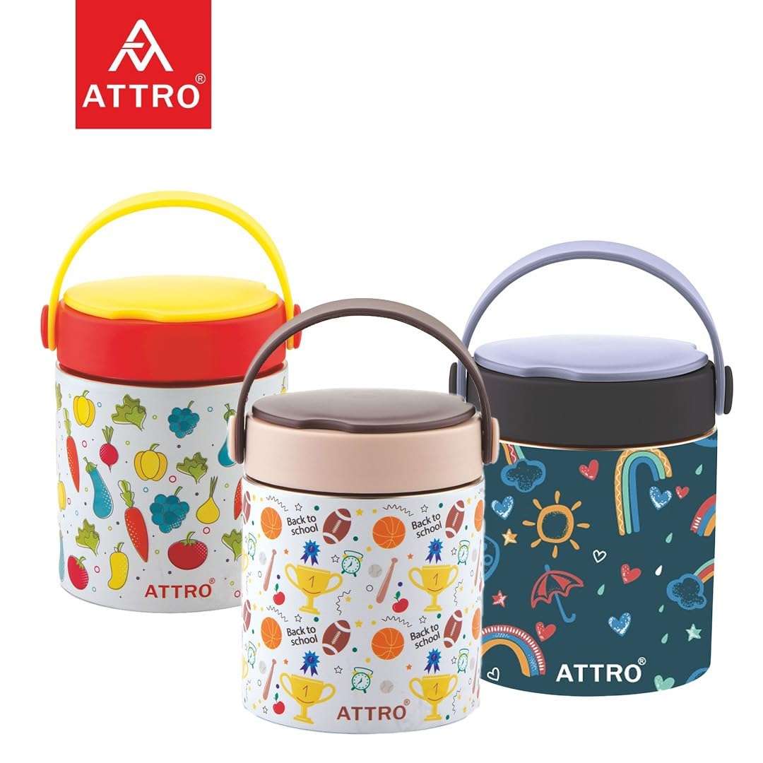 ATTRO Happy Go Vacuum Insulated ISI Certified Stainless Steel Soup Jar 500ml, Leakproof & BPA-Free for Kids & Adults, Long Temperature Retention,Ideal for School, Office & Travel-Rainbow Magic Blue 3