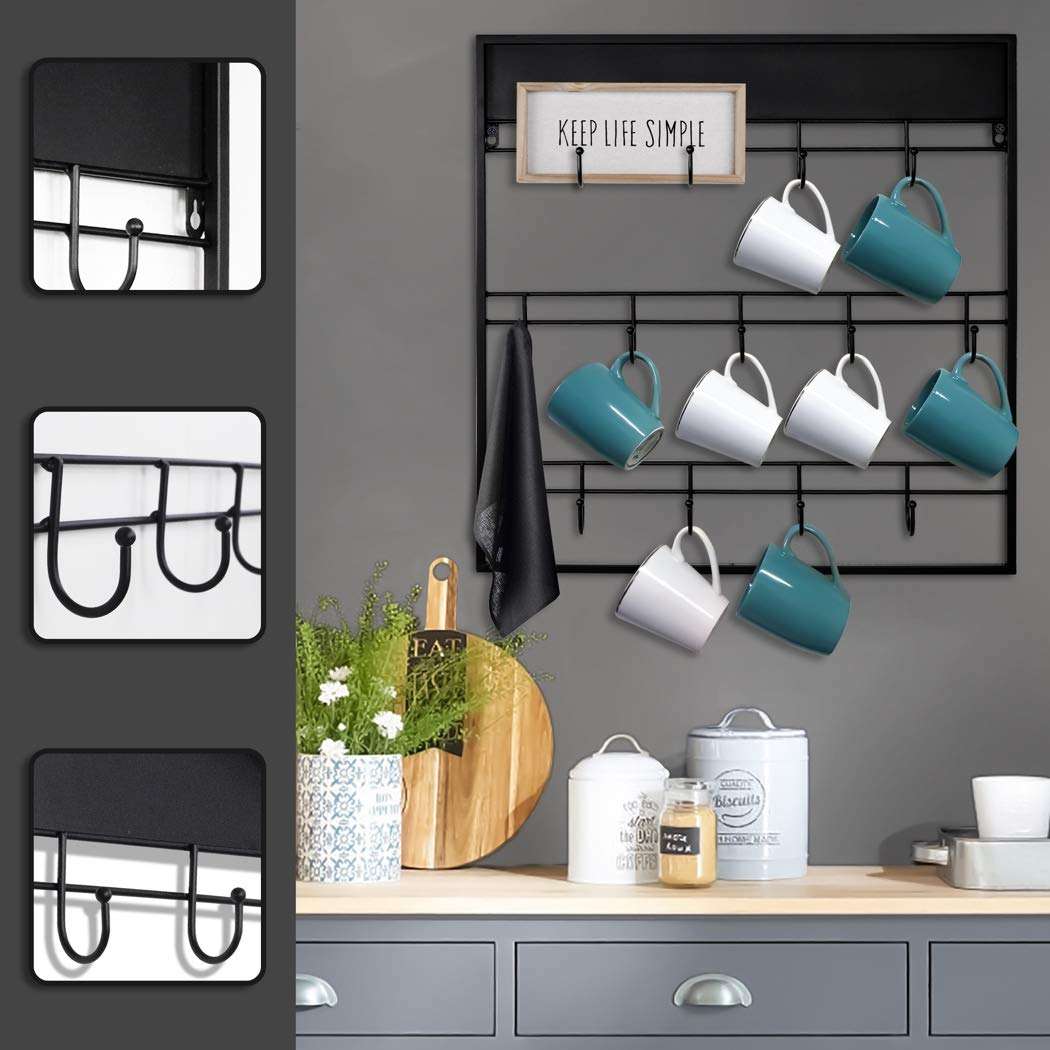 Qiang Ni Coffee Mug Holder: Easy to Install Wall Mounted Cup Hooks - 17" Coffee Rack for Home Kitchen Apartment Office Dining Room Cafe Bar 4