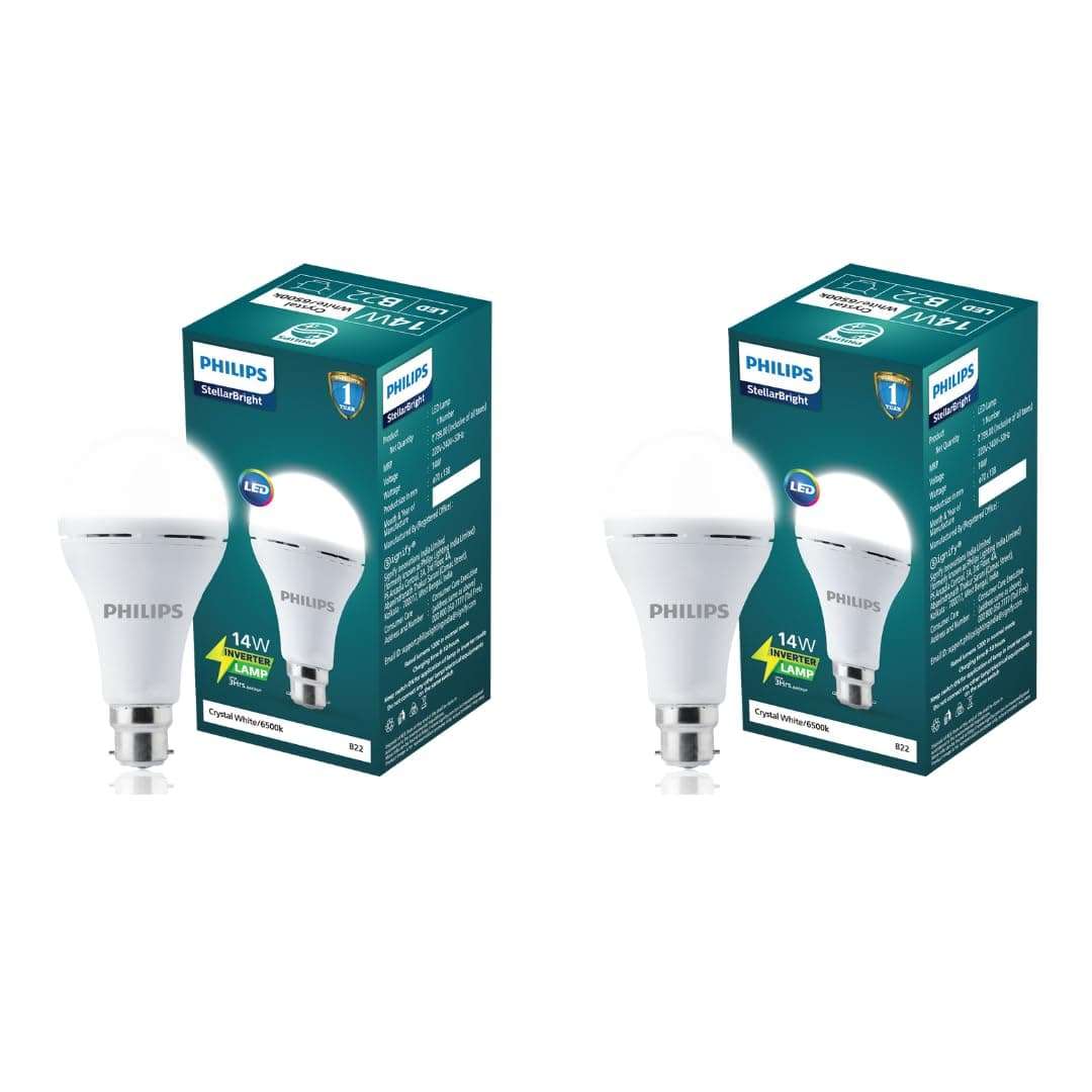 Philips 14W Emergency LED Bulb | Stellar Bright B22 Inverter LED Bulb for Power Cuts | Crystal White, Pack of 2 1