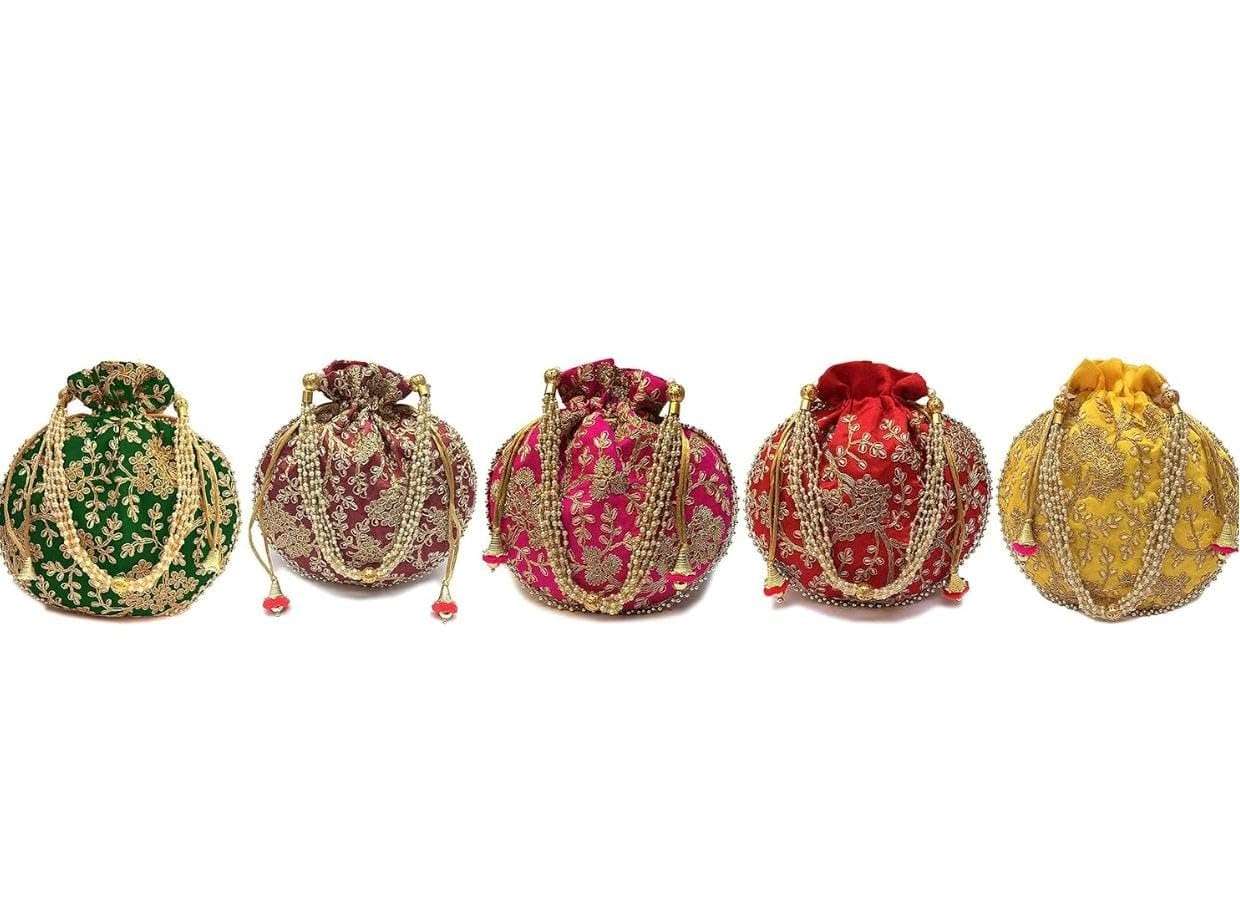 Embroidered Potli Bag | Leaf Floral Design With Moti Handle Batwa Bag | Traditional Shagun Potli for Return Gifts | Ideal for Mehandi, Haldi, Baby Shower, Wedding, Sangeet (5) 1