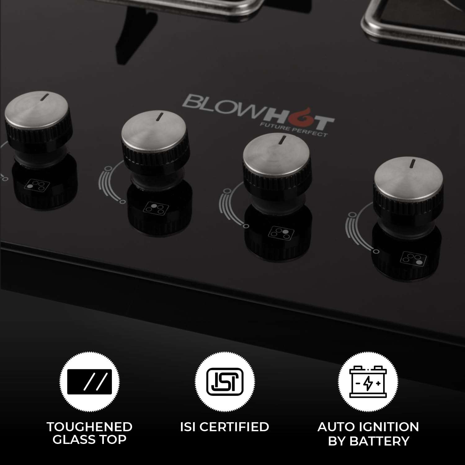 BLOWHOT Auto-Ignition Premium Hybrid Design Quartz 4 Burner Gas Stove, Hybrid Hob, Toughened Glass Top, SABAF Gas Valve, 2 Years Warranty on Burner, 5 Years Warranty By Blowhot on Glass & Gas Valve 4