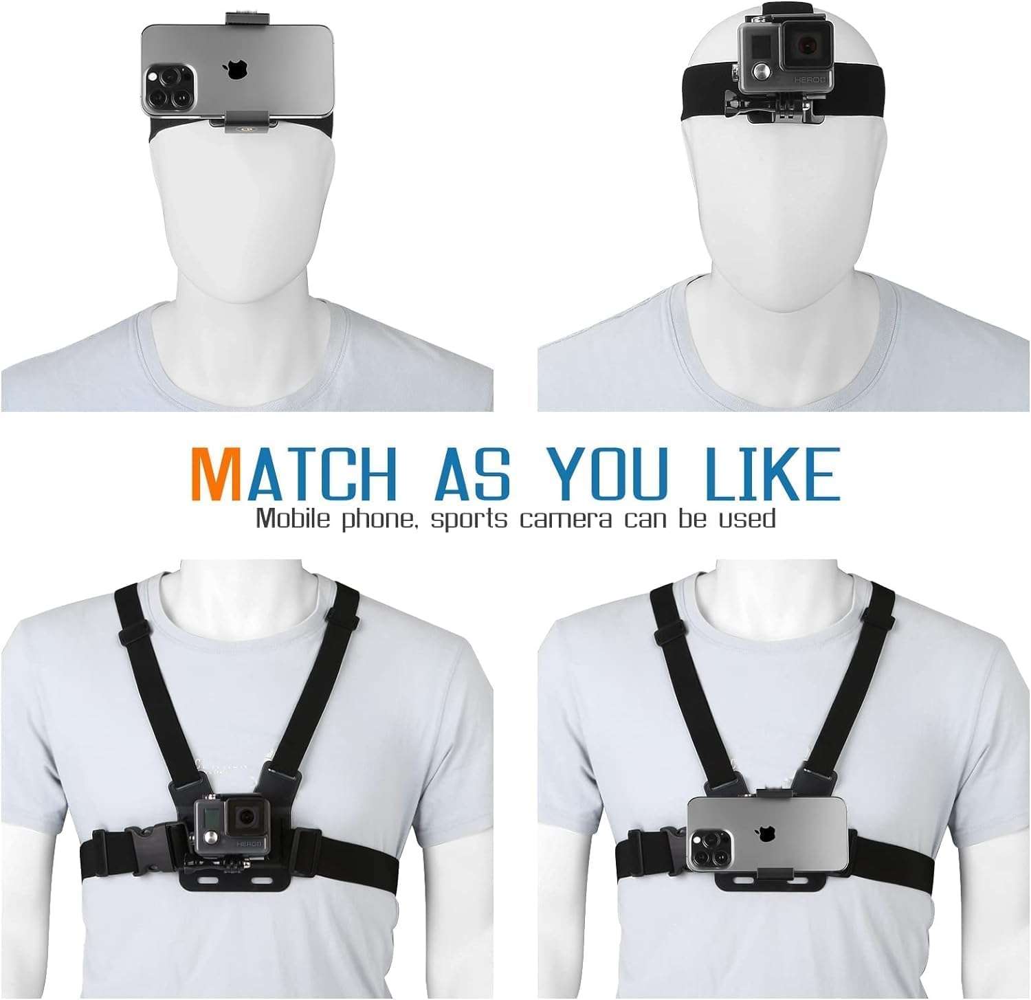 KASINshooting Camera Mobile Phone Belt Body Mount Chest Head Strap Harness Holder Kit for Gopros Heros 12/11/10/9/8 Insta360 One and Smartphone Vlog 6