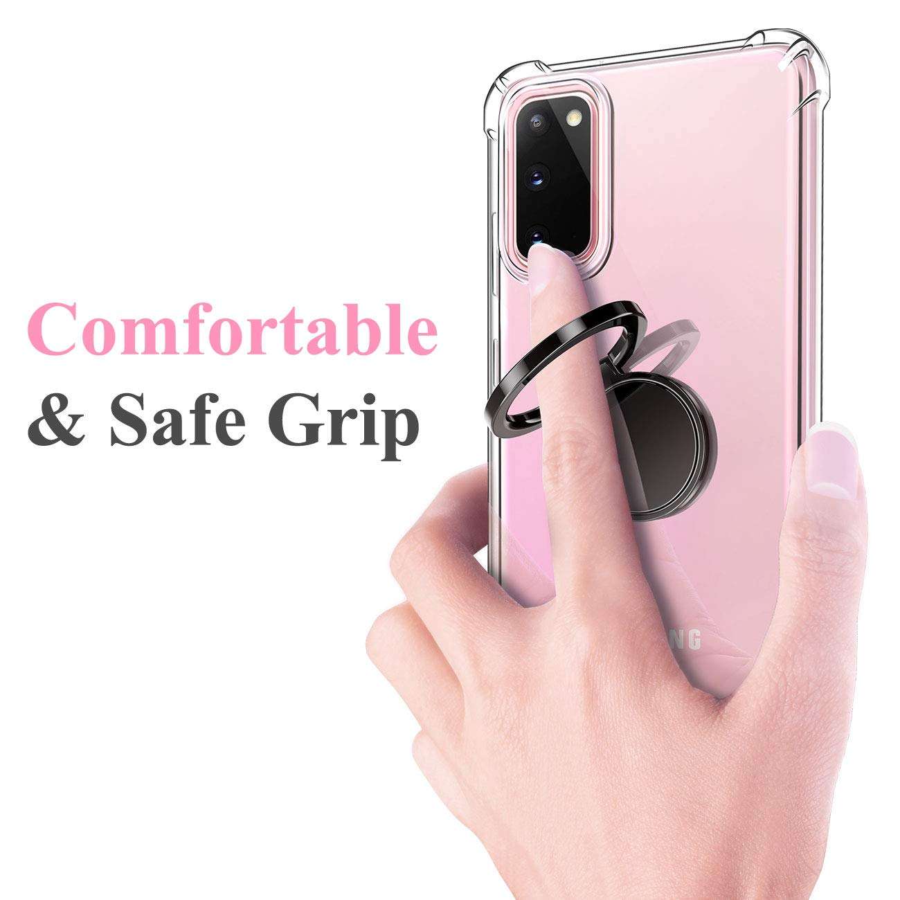 eSamcore Thin Crystal Clear Phone Case + Ceramic Wireless Charging Compatible Phone Ring Holder Cell Phone Grip S20 5G 6.2” Protective 3
