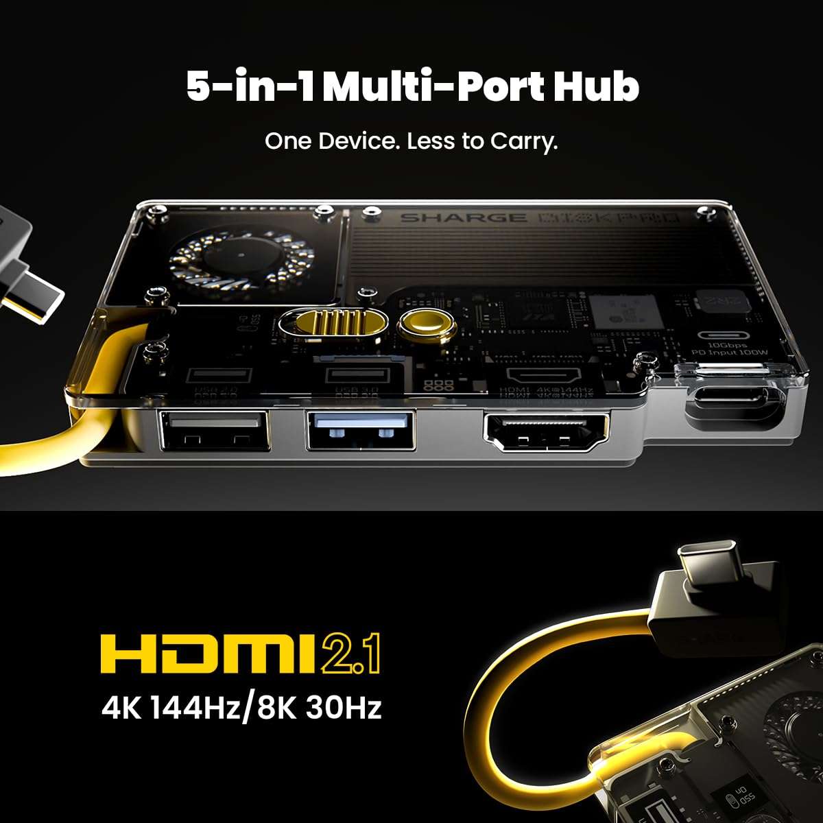 sharge Disk Pro 4TB Portable SSD with Active-Cooling Fan, 4-Port Hub with HDMI 2.1, 10 Gbps Built-in Cable, Magnetic External Solid State Drive for MacBook, PC and More-Yellow 4