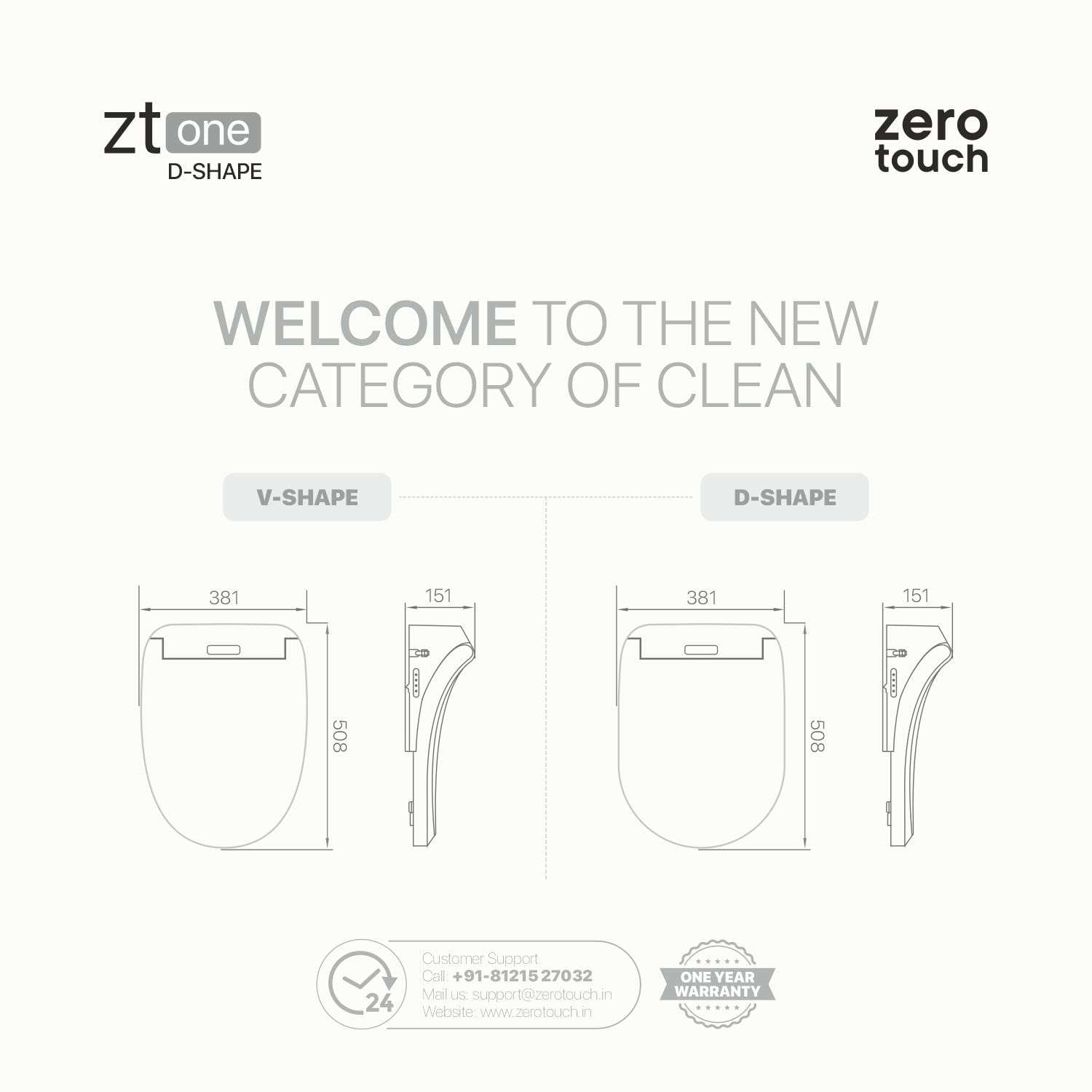 ZEROTOUCH (ZT-ONE D-Shape) | Smart Toilet Seat | Self-Cleansing Nozzle | Rear Wash | Front Wash | Adjustable Water Pressure | ABS + PP Seat | Soft Closing 5
