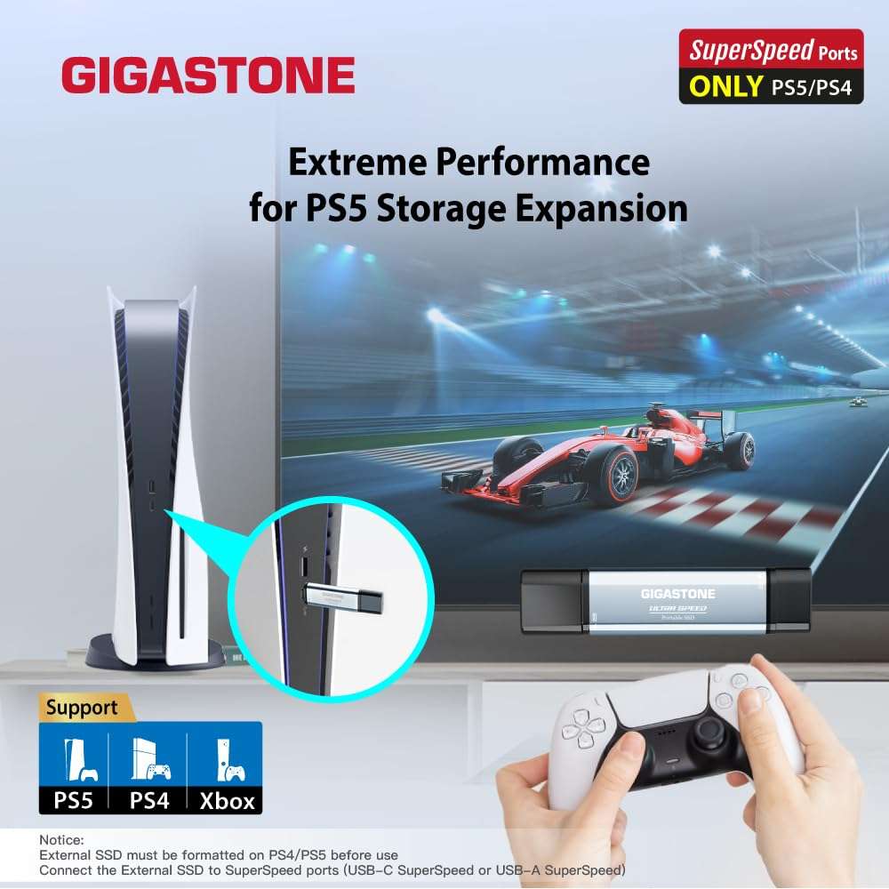 Gigastone Duo Go USB-A+C 1TB Dual External Portable SSD 1,050MB/s Glossy Surface, Supports Apple 4K 60fps ProRes HDR Video Recording USB3.2 Gen 2 for iPhone 16 PS5 Mac iPad Laptop Android 5