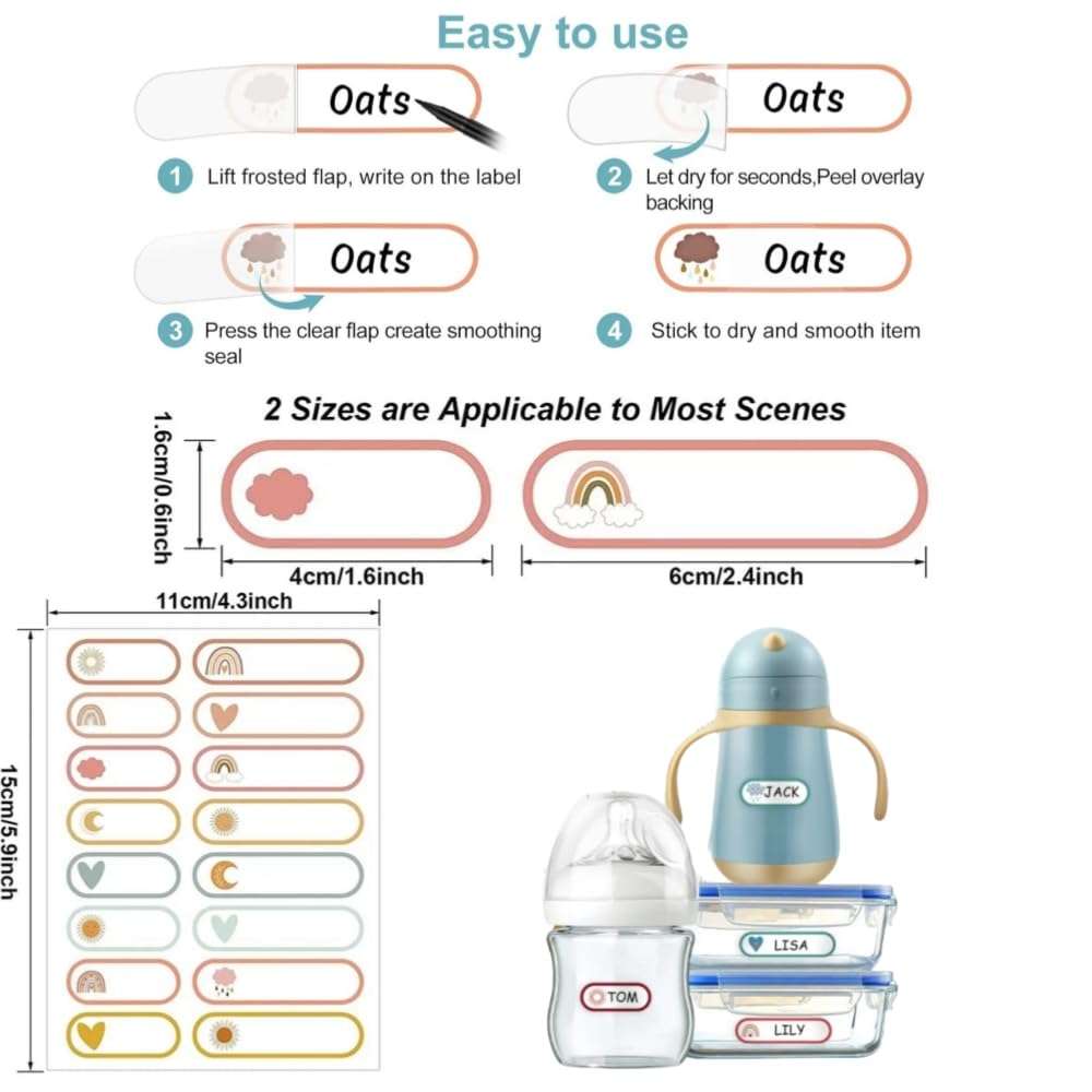 Name Stickers,Waterproof Stickers for Bottles,Waterproof Write-On Name LabelsName Sticker for Kitchen Jars,Baby Bottle Labels for Daycare,Self-Laminating School Name Labels for Kids (Cartoon Sticker) 6