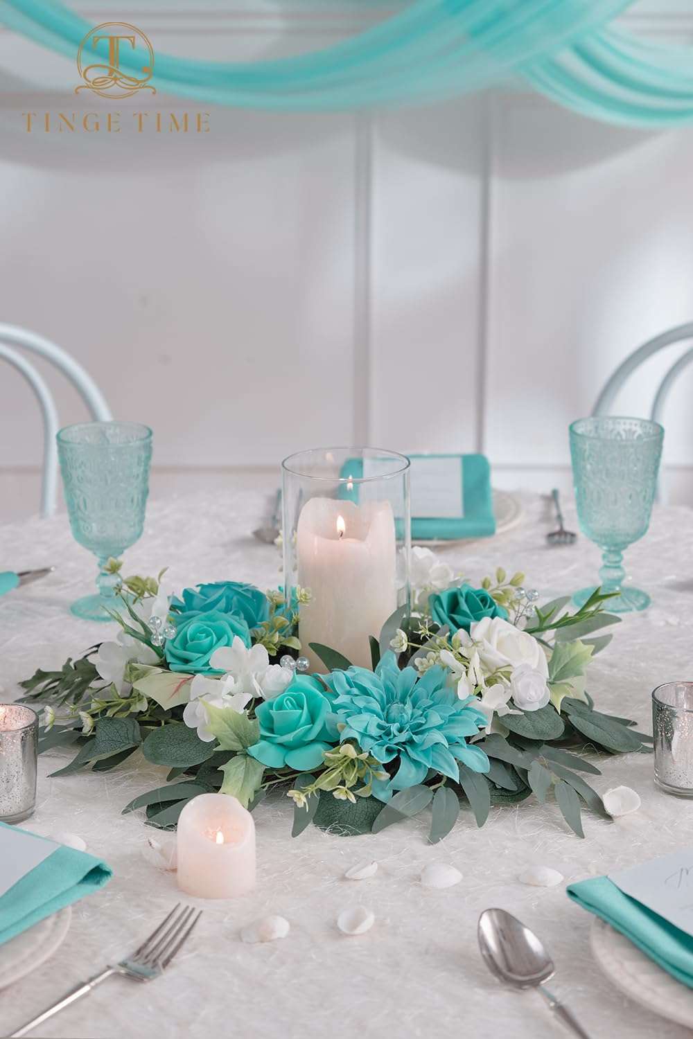 TINGE TIME Aritificial Flowers Candle Rings, 1 Pcs 15inch Diam Teal Blue Fake Rose Wreath Wedding Centerpieces for Tables Summer Garland for Front Door Weddings Party Ceremony Decor 4