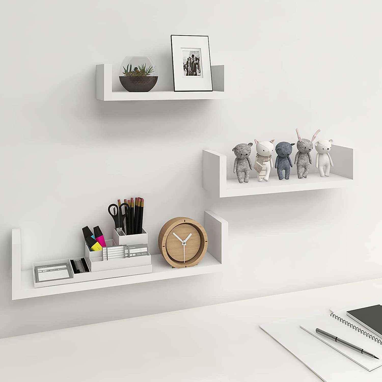 THEHEARTWILL U-Shaped White Floating Shelves for Wall, Wall Shelves Set of 3, Small Wall Mounted Shelf for Bedroom, Kitchen, Bathroom and Living Room