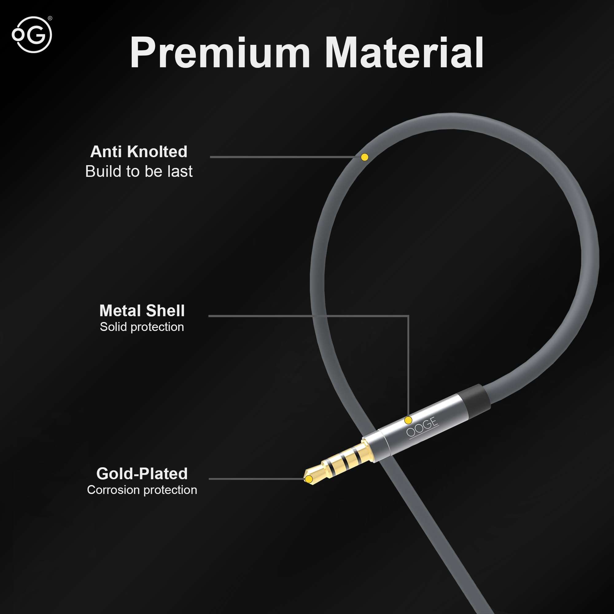 OOGE FUSE 200 AUX Cable - 3.5mm Stereo Audio Cable with 360° Rotating Head, Metal Caps, Mic & HD Call Support, 1.5 Meter Length, Sound Pulse Technology for Universal Compatibility 5