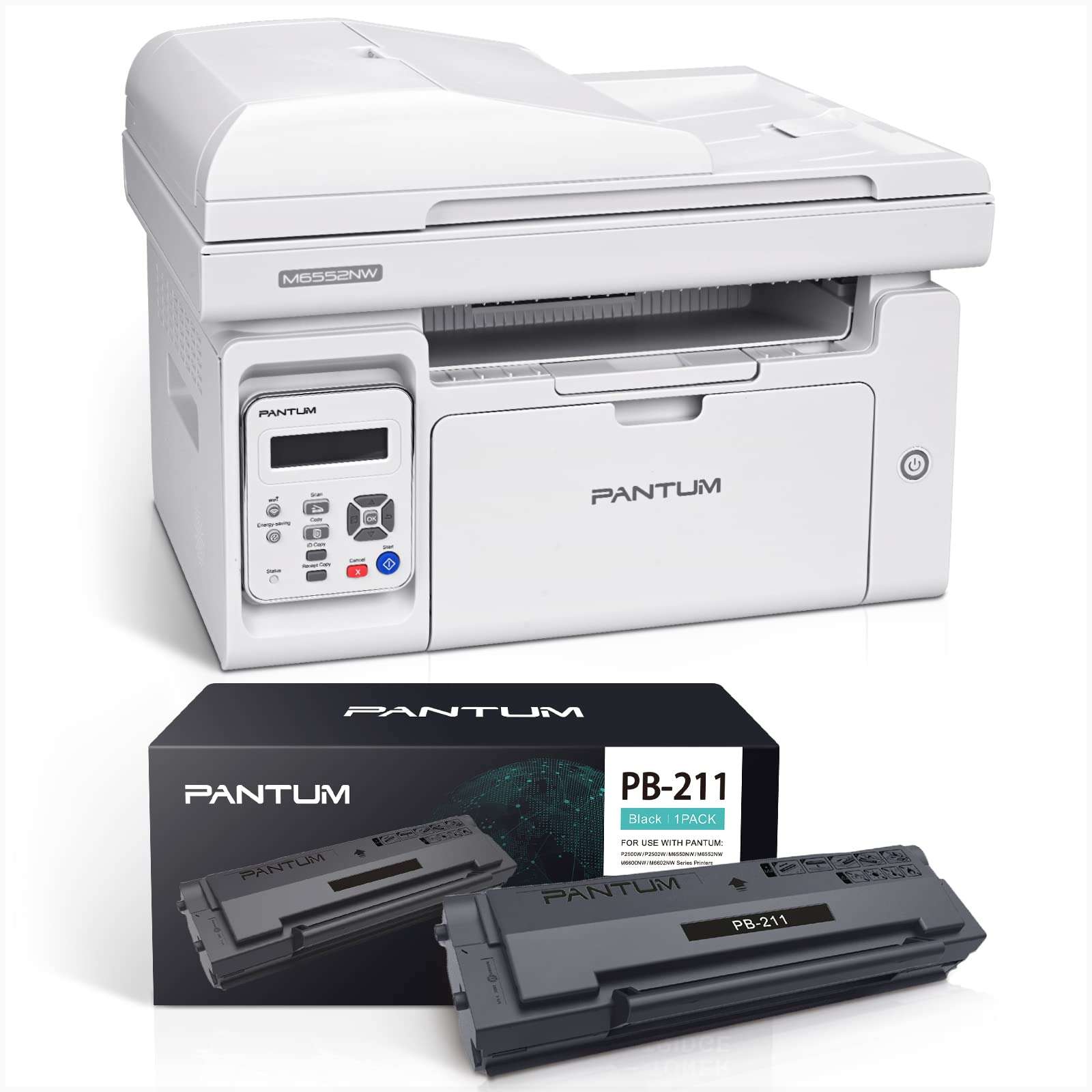 PANTUM All in One Laser Printer Scanner Copier with Auto Document Feeder, Wireless Multifunction Black and White Laser Printer, M6552NW(W4G61A) White with PB-211 Toner 1
