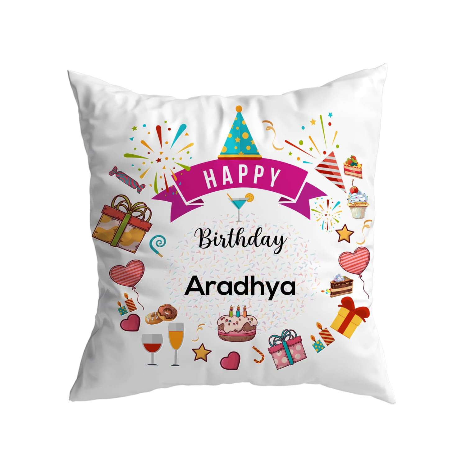 ASHVAH Aradhya Name Happy Birthday Cushion/Pillow Cover with Filler - Best Birthday Gift for Daughter, Sister, Wife, Return Gifts for Kids - Size - 12 x 12 inches 1