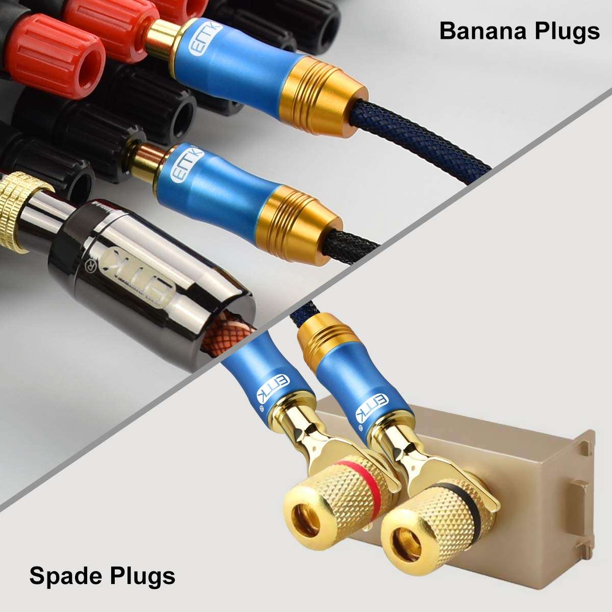 Speaker Cable,EMK 1 Pair Set[4 Spade Plug & 4 Banana Plug] OD10.0 Nylon Braided Jacket 16AWG HiFi Speaker Wire, 10Feet (Blue) 2