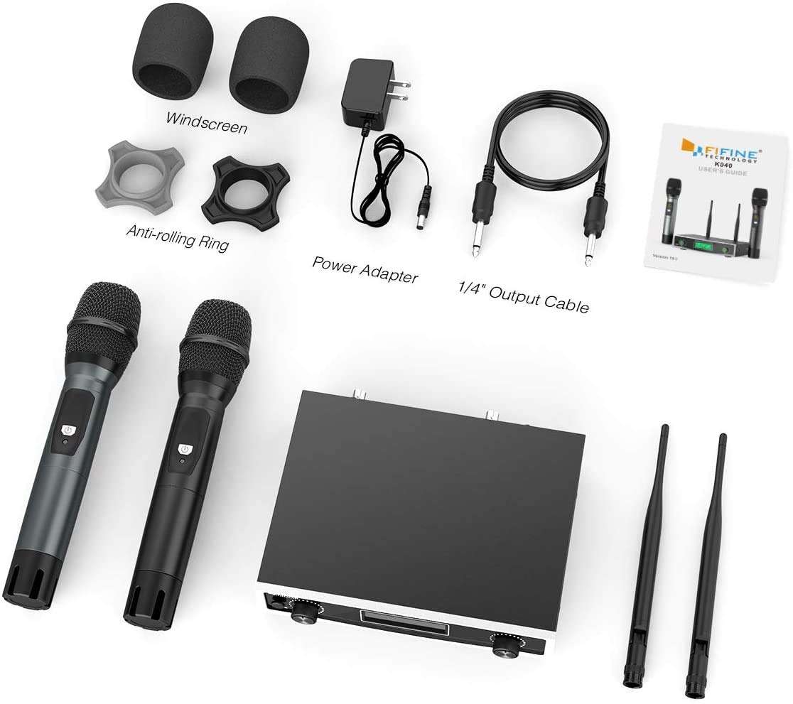 Fifine Wireless Microphone System, Two Handheld Dynamic Cordless Mic and Dual Channel Receiver, 50 Selectable UHF Frequency for Karaoke Singing Party,Church,DJ,Wedding,School Presentation.(K040) 6