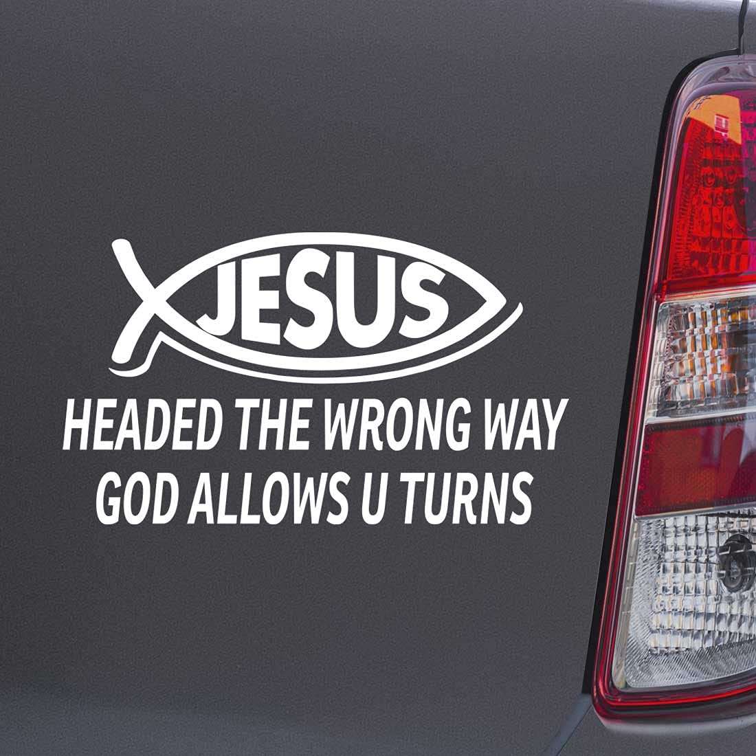 Custom Brother - Headed The Wrong Way GOD Allows U Turns Christian Jesus Fish White Color Car Laptop Wall Bumper Decal Sticker, DesU36 1