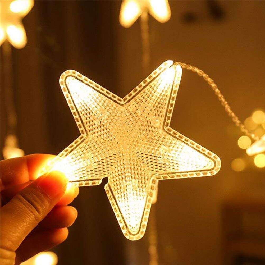 MIRADH 16 Stars 136 Led Curtain String Fairy Lights,Curtain String Lights With 8 Flashing Modes (Battery Powered ,Plastic,Warm-White),3 meters 6