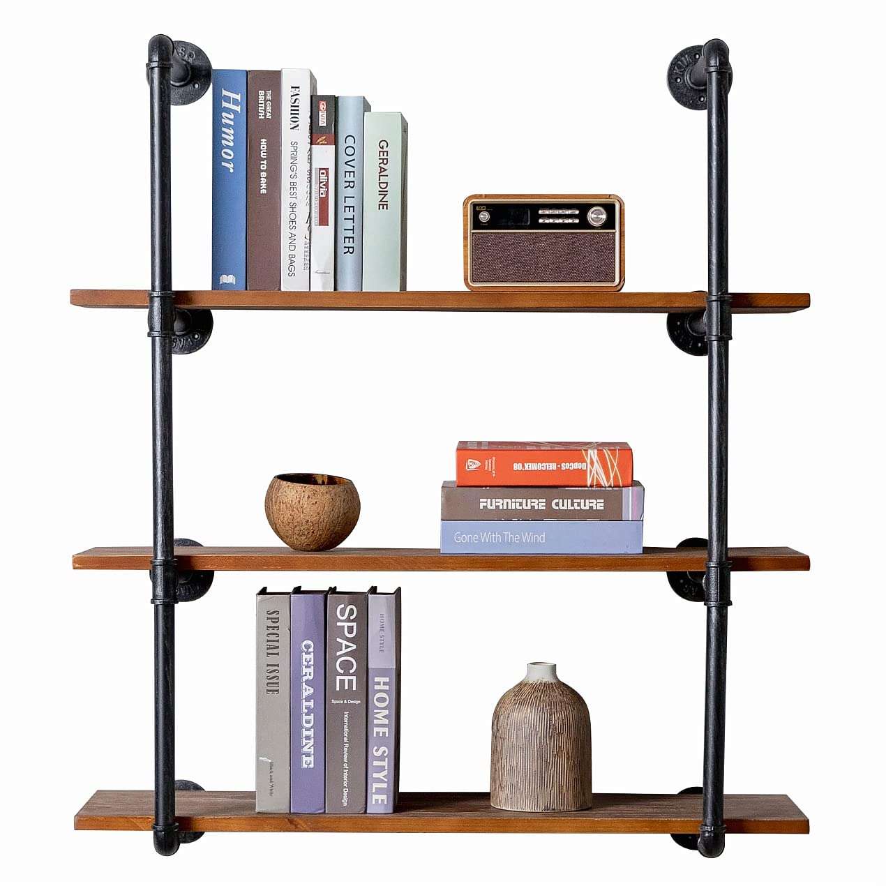 DOFURNILIM Industrial Rustic Wall Wood Pipe Ladder Floating Shelves - DIY Modern Storage Shelving Bookshelf for Bathroom Kitchen Office Home – Steampunk Bookcase (Floating Ladder shelves-51.18“W) 2