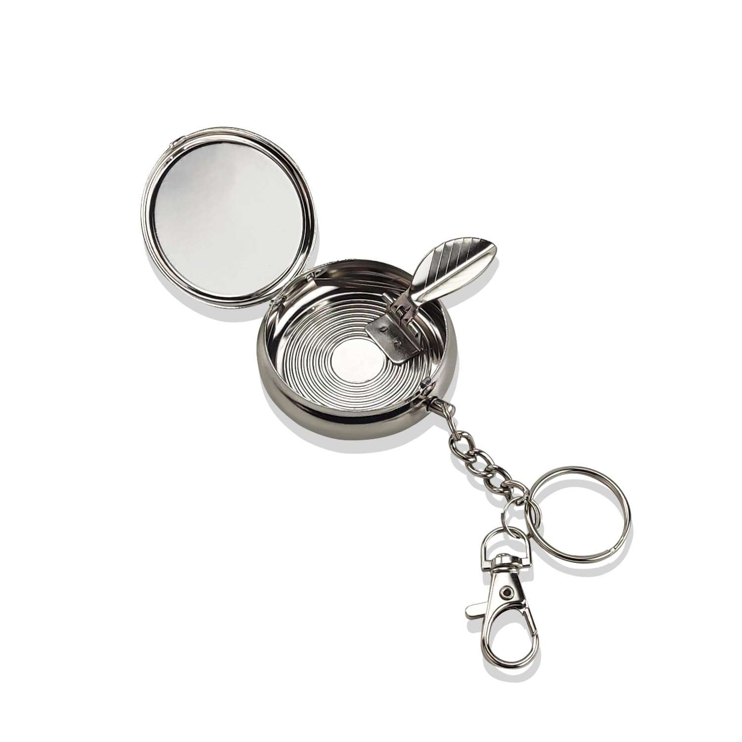 BOROLA Portable Mini Metal Ashtray with Keychain, Pop-Up Design Stainless Steel Pocket Ashtray with Lid and Cigarette Snuffer, Compact Travel Ash Holder for Outdoor, Car and Home Use