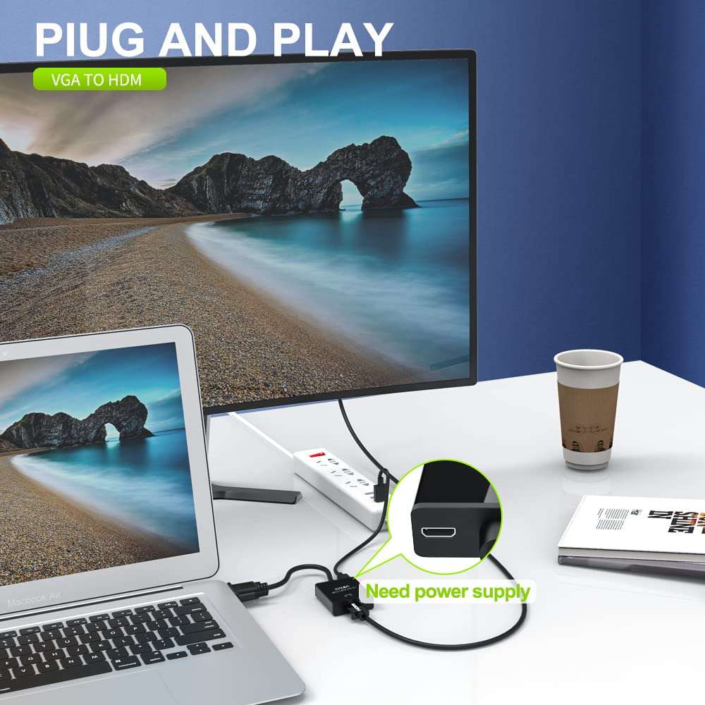 ONTEN VGA to HDMI Adapter, 1080P VGA to HDMI (Male to Female) for Computer, Desktop, Laptop, PC, Monitor, Projector, HDTV with Audio Cable and USB Cable (Black)(2 - Pack) 5