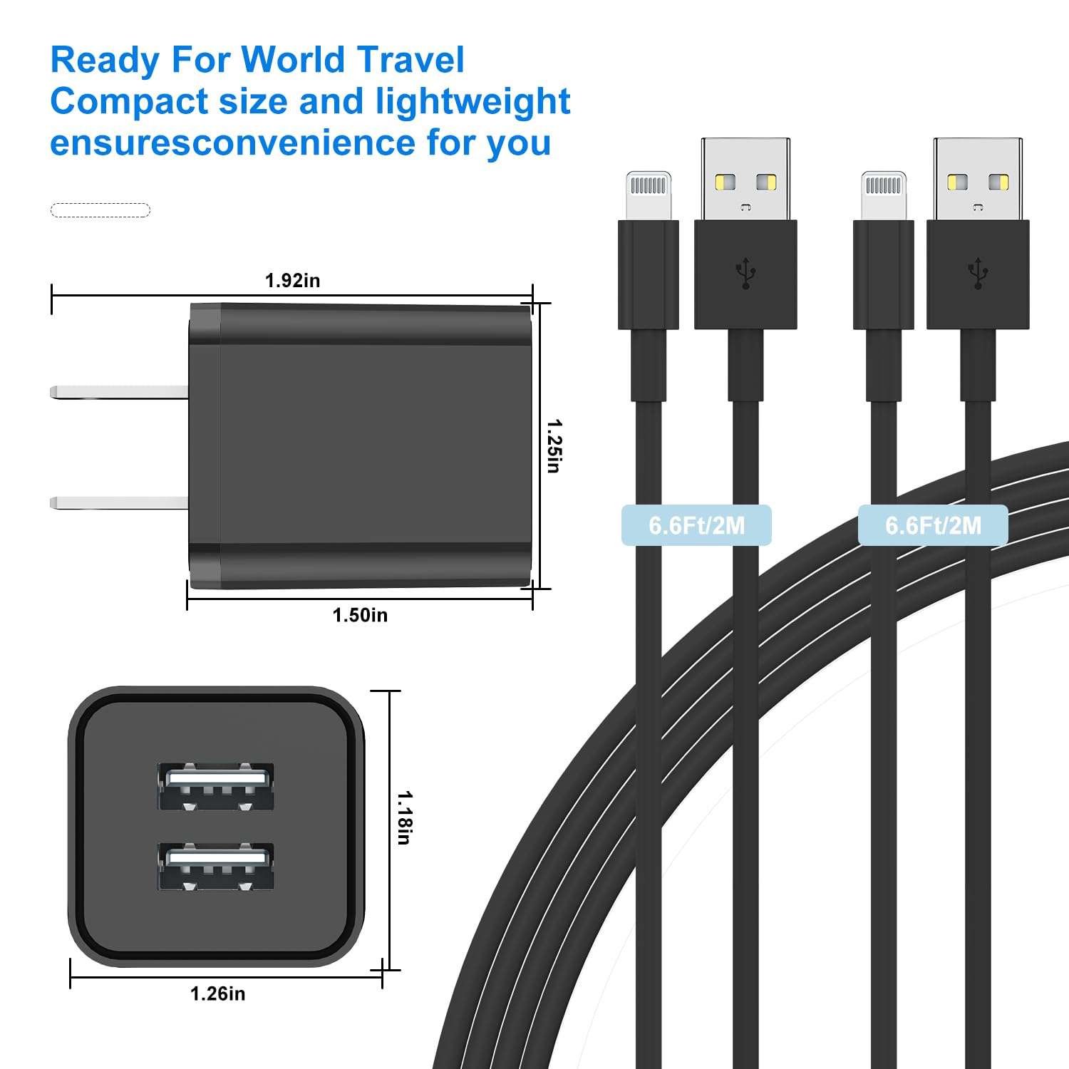 iPhone Charger and Wall Plug, 2Pack 6ft Lightning Cable Cord with Fast Dual Port USB Charging Adapter Block Box for Apple iPhone 14 Pro Max/13 Pro/12 Mini/11/XR/X/XS Max/8/7/6S Plus/SE/5C/iPad Black 4