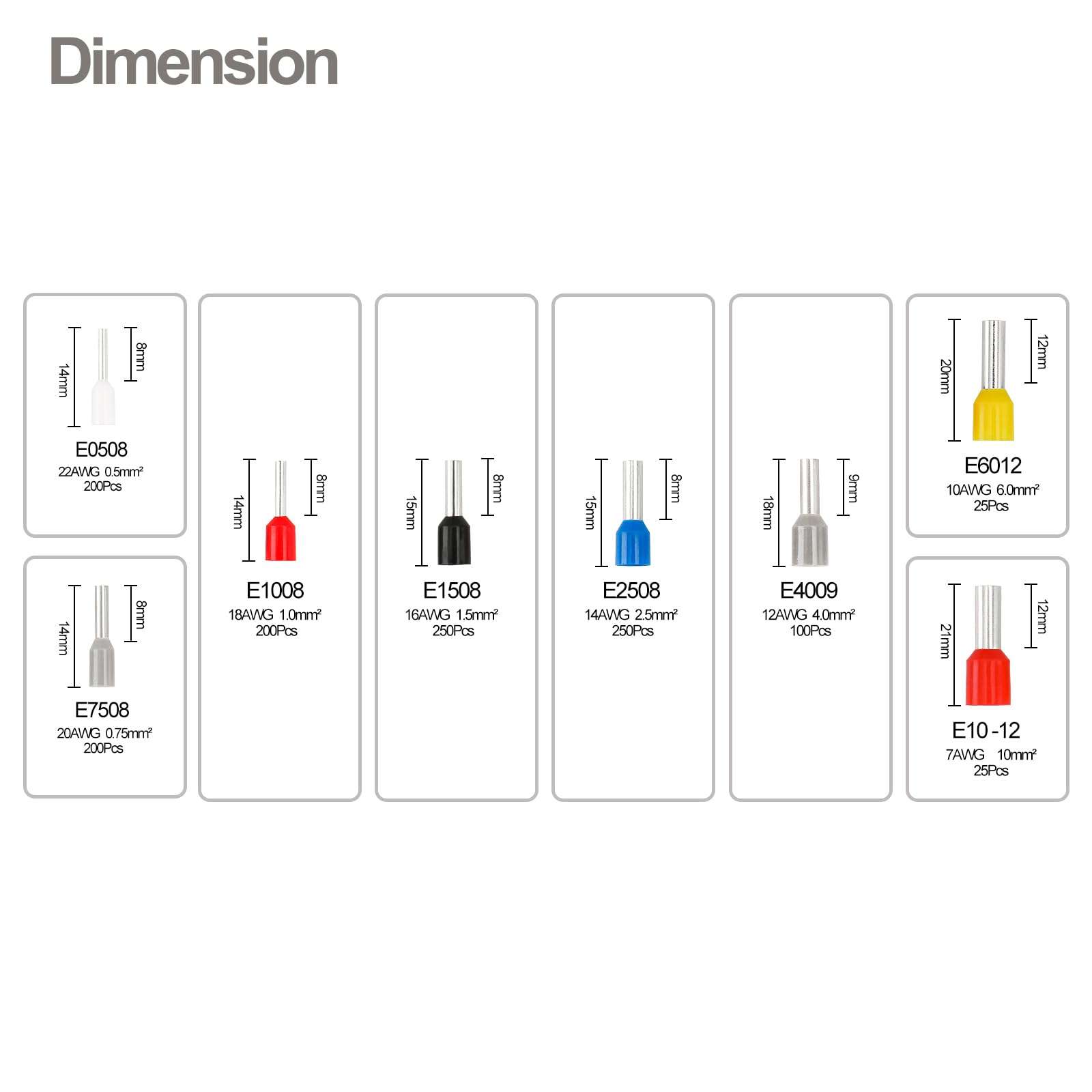 Baomain 1250pcs Wire Copper Crimp Connector Kit AWG 22/20/18/16/14/12/10/8 Assorted Insulated Ferrule Pin Cord End Terminal Set White Gray Red Black Blue Yellow 6