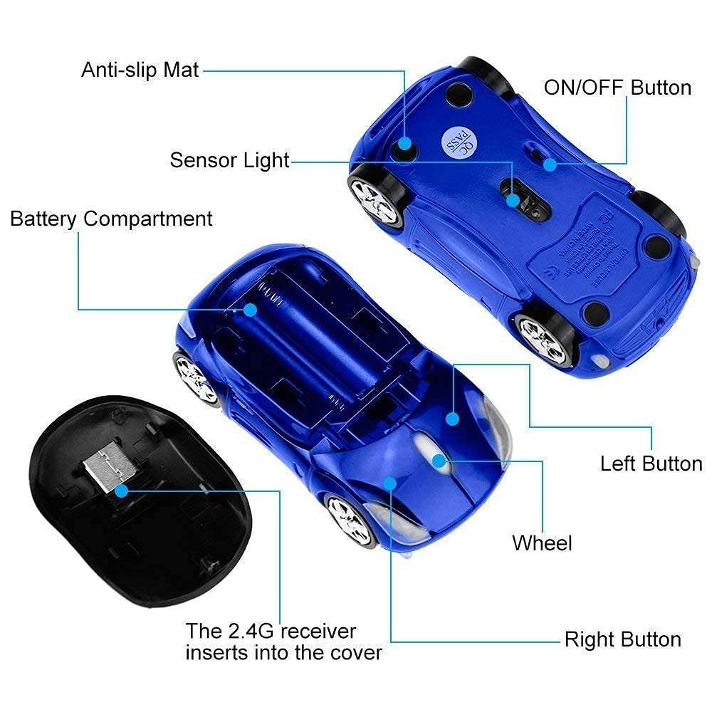 Microware Car Shaped 2.4GHz Wireless Mouse USB Receiver for PC Laptop Notebook (Blue, Pack of 2) 4
