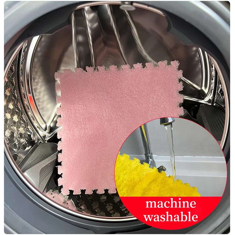 12 Pcs Plush Foam Interlocking Carpet Tiles,Soft Shaggy Fluffy Floor Area Rugs with Padding,Colorful Floor Protective Mats for Home Kids Room Playroom (White and Green, 11.8 x 11.8 x 0.39) 6