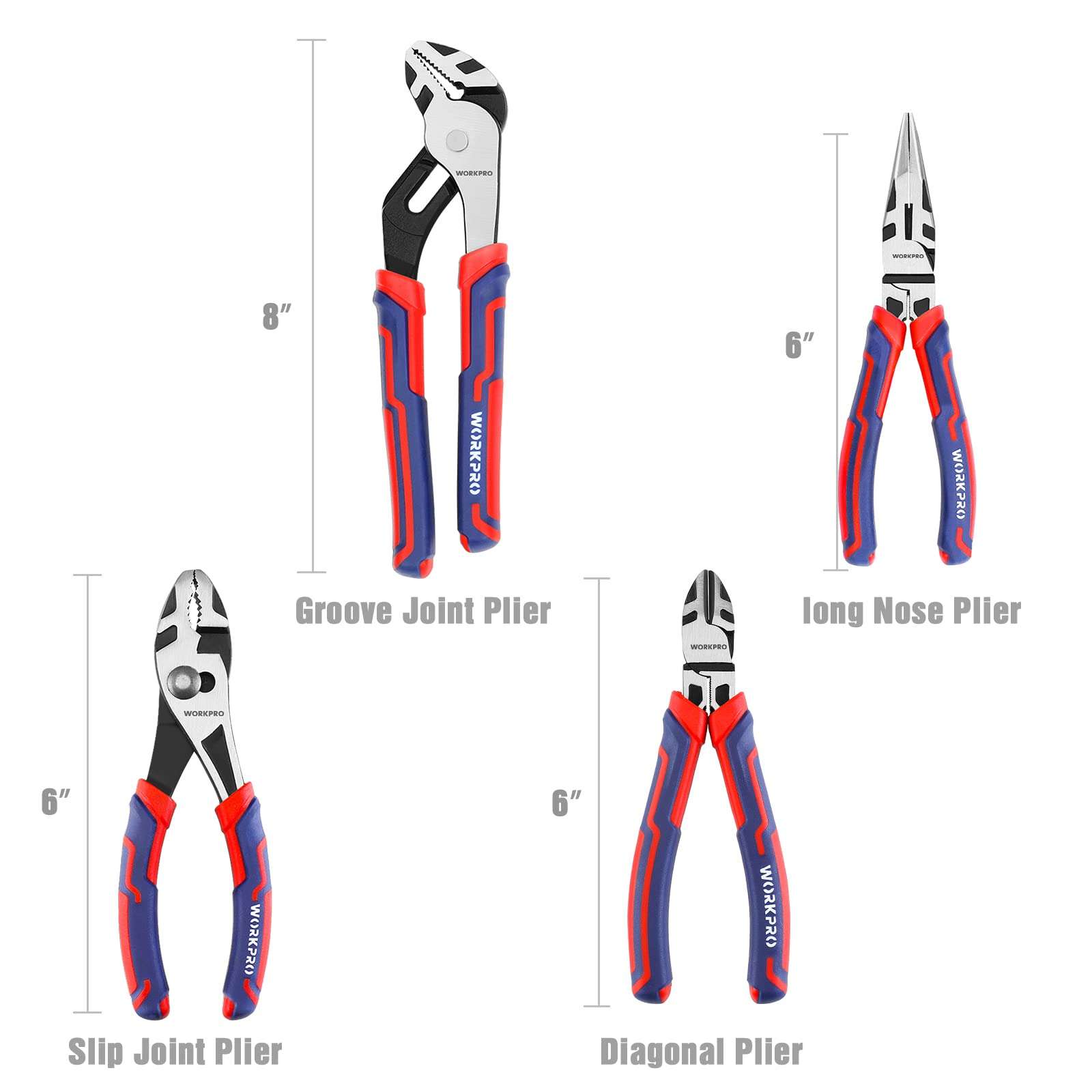 WORKPRO 4-Piece Pliers Set - Premium CR-V Construction Tool Set Including Long Nose, Diagonal Cutting, Groove Joint and Slip Joint Pliers - Red 2