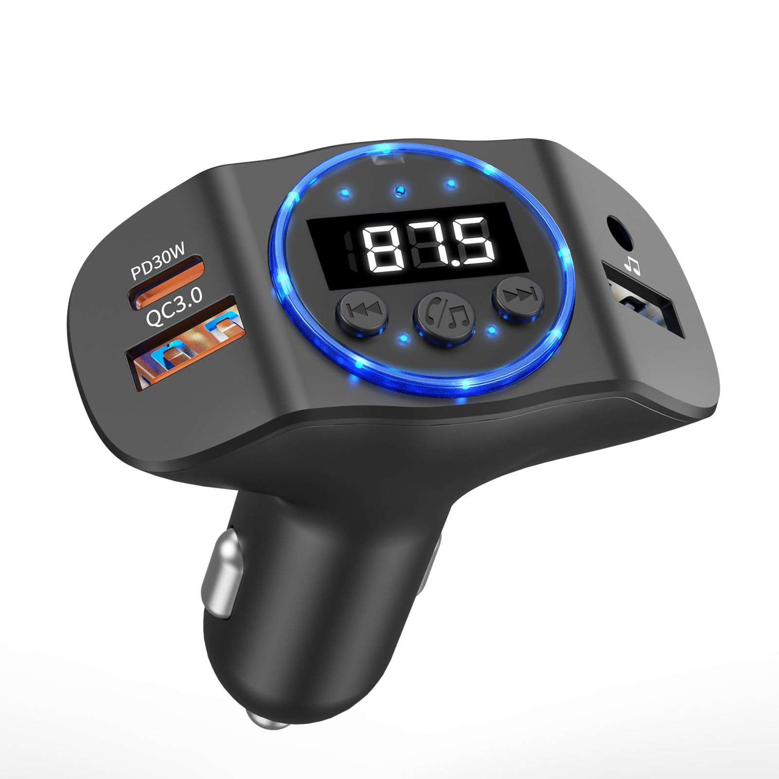 pgraded Bluetooth FM Transmitter for Car, PD30W/QC18W Dual USB Auto Charger Adapter, 7-Color LED Mood Light, Wireless FM Radio Car Kit Bluetooth 5.3 Hands-Free with Music Control & Noise Cancellation